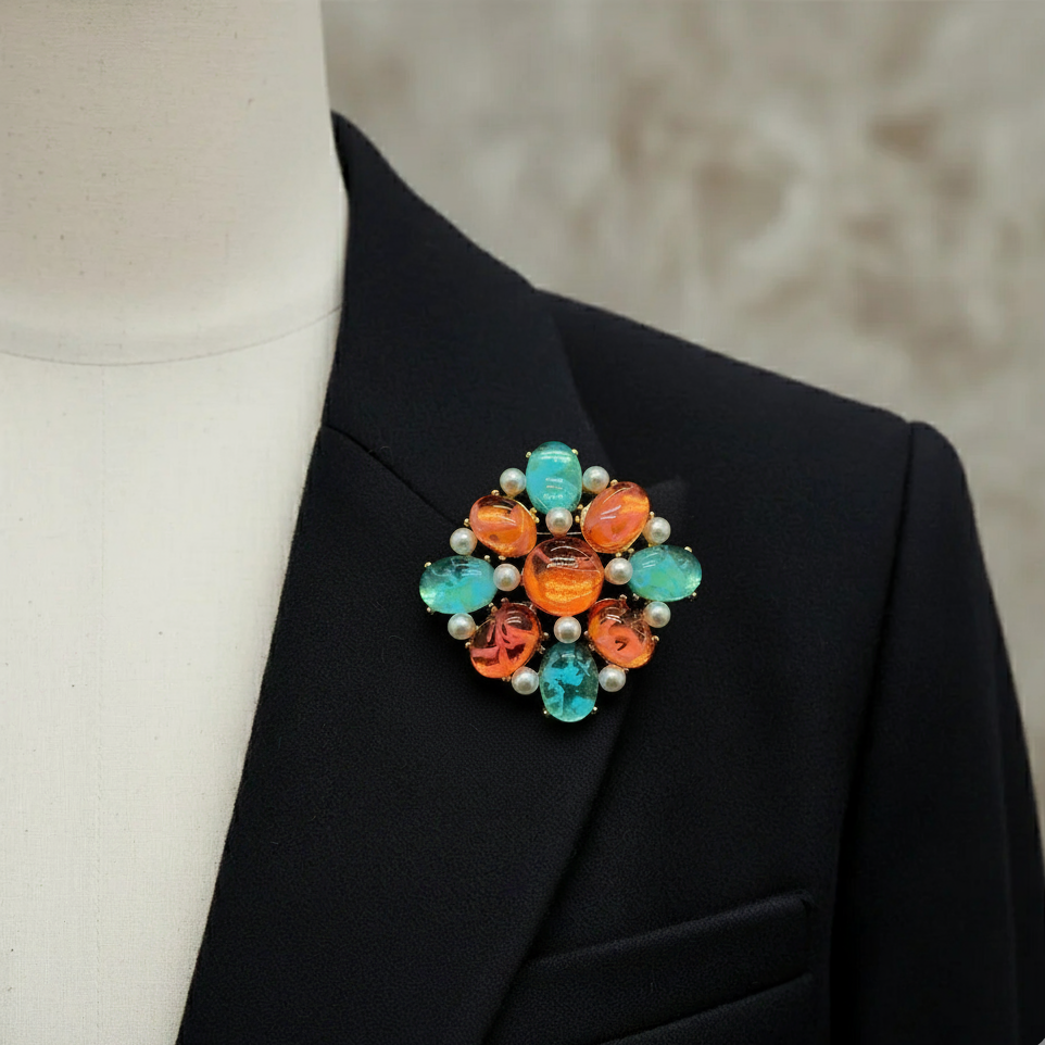 Lapis Lazuli Pearl  Geometric Enamel Brooch