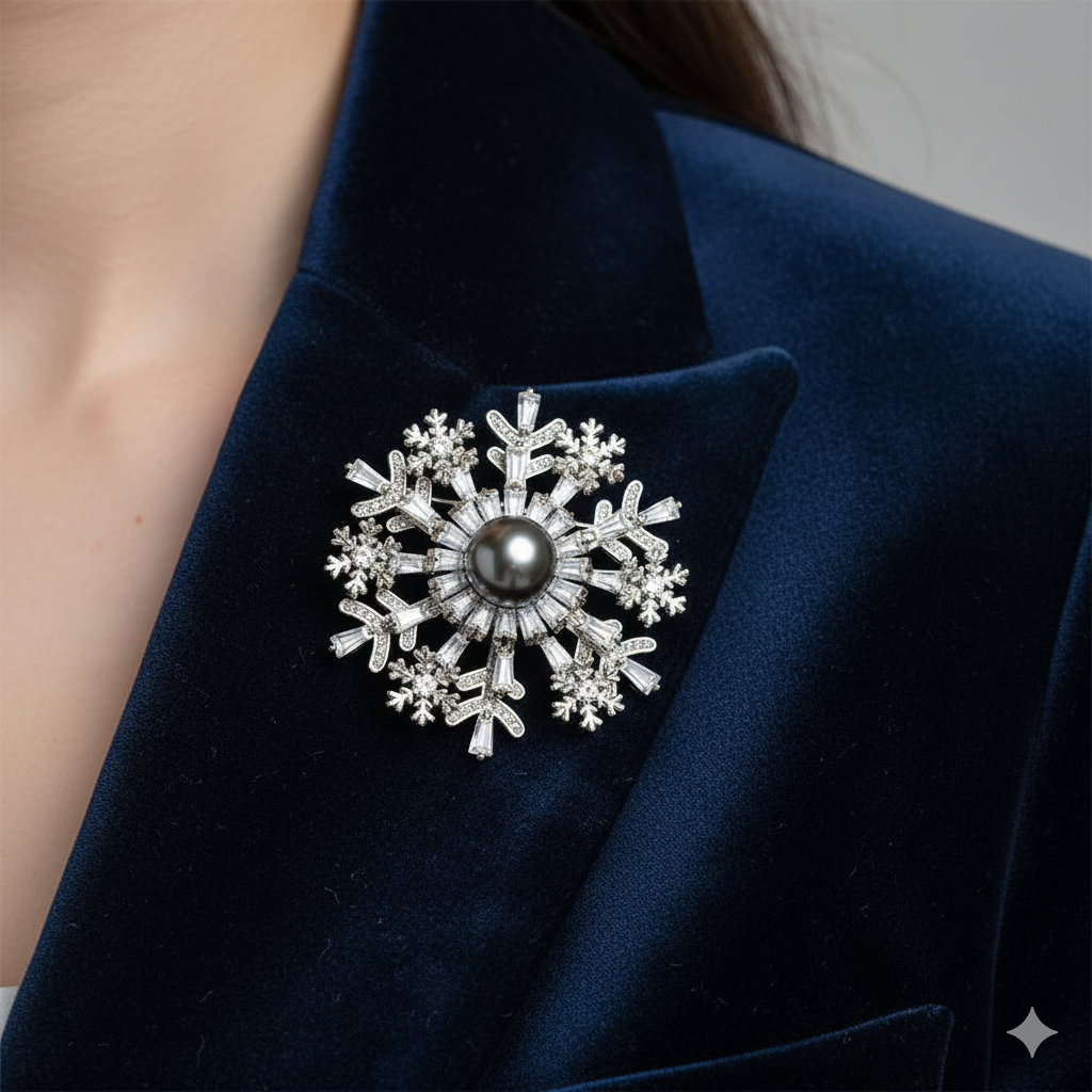 Zircon Pearl  Snowflake Brooch