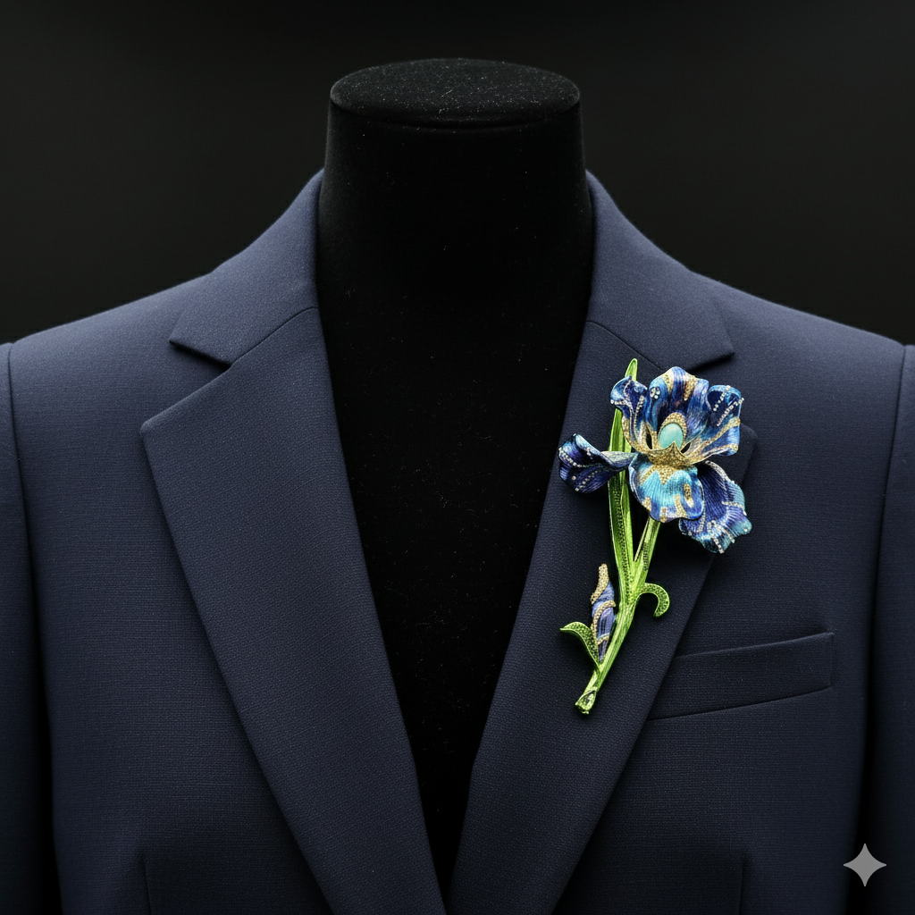 Fleur-de-Lis Crystal Enamel Flower Brooch