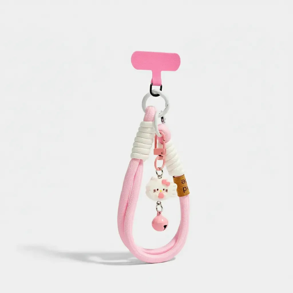 Adorable Pink Cat Phone Strap Wristband Keychain Charm - Unique Kawaii Accessory