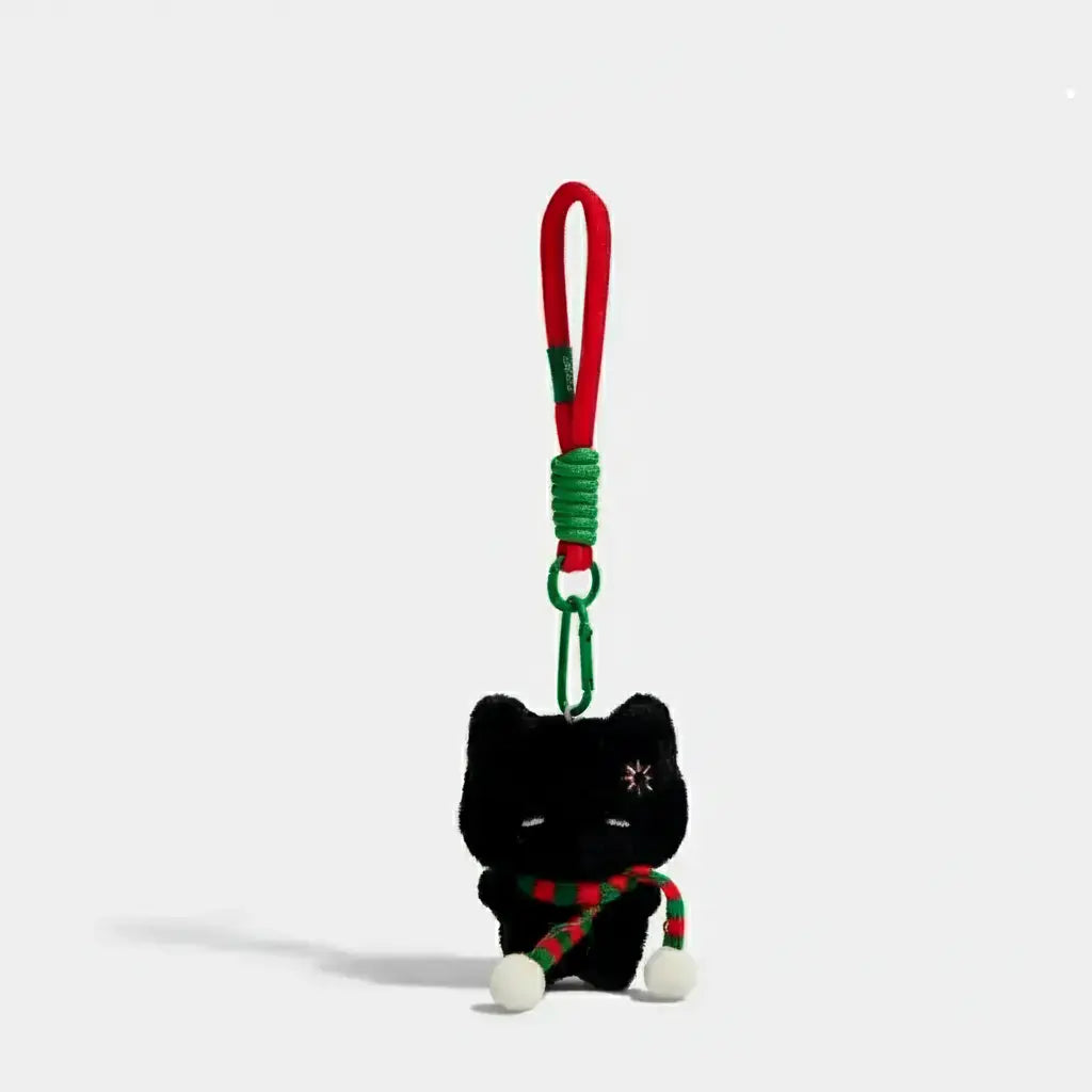 Adorable Kevinminler Black Cat Plush Keychain with Red Green Scarf Christmas Gift