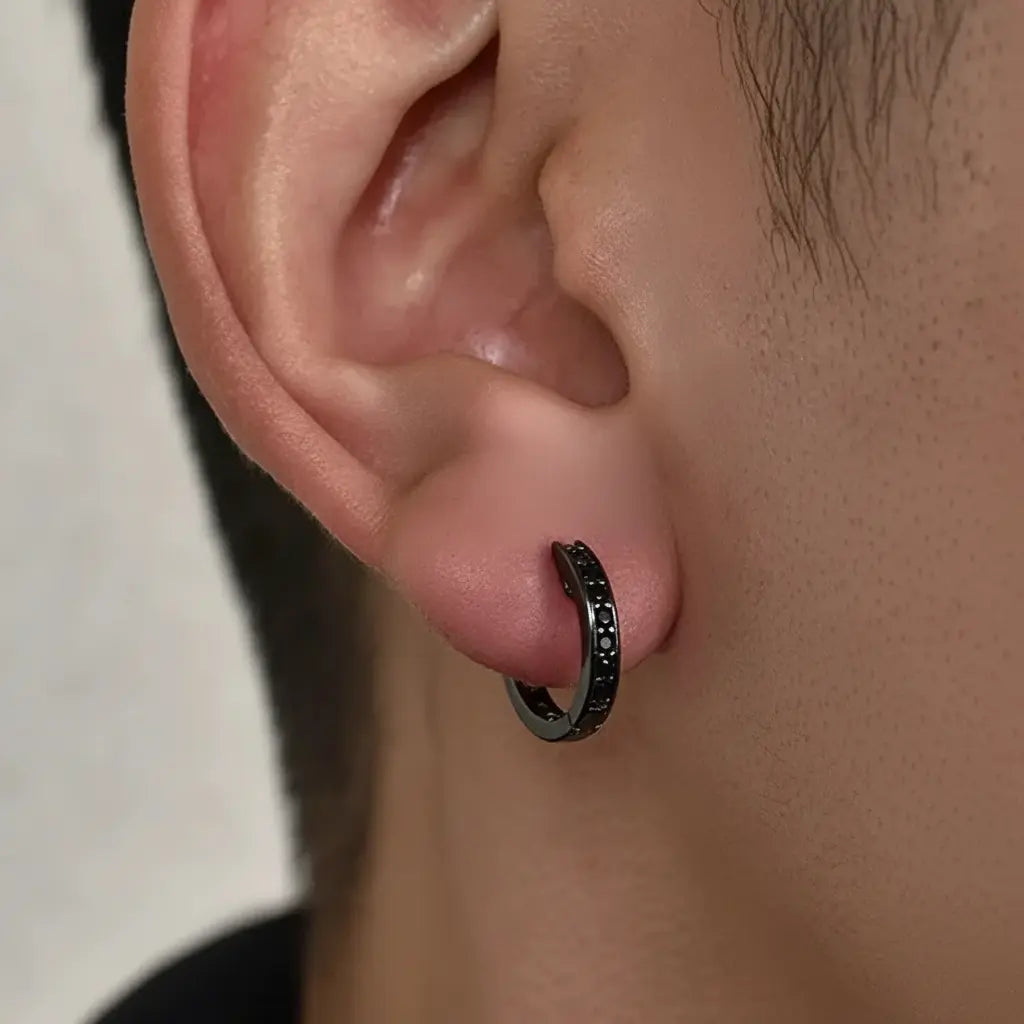 S925 Sterling Silver Black Zirconia Hip-Hop Earrings - Unisex Streetwear Style