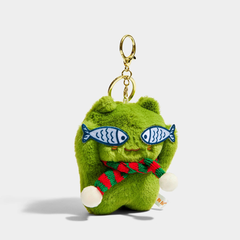 Adorable Green Plush Cat Bag Charm Keychain with Glasses and Fish Pendant