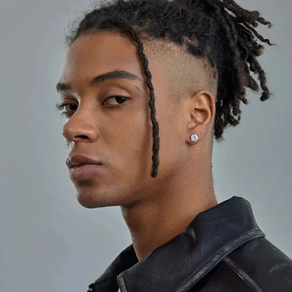 Black leather jacket with silver stud earring