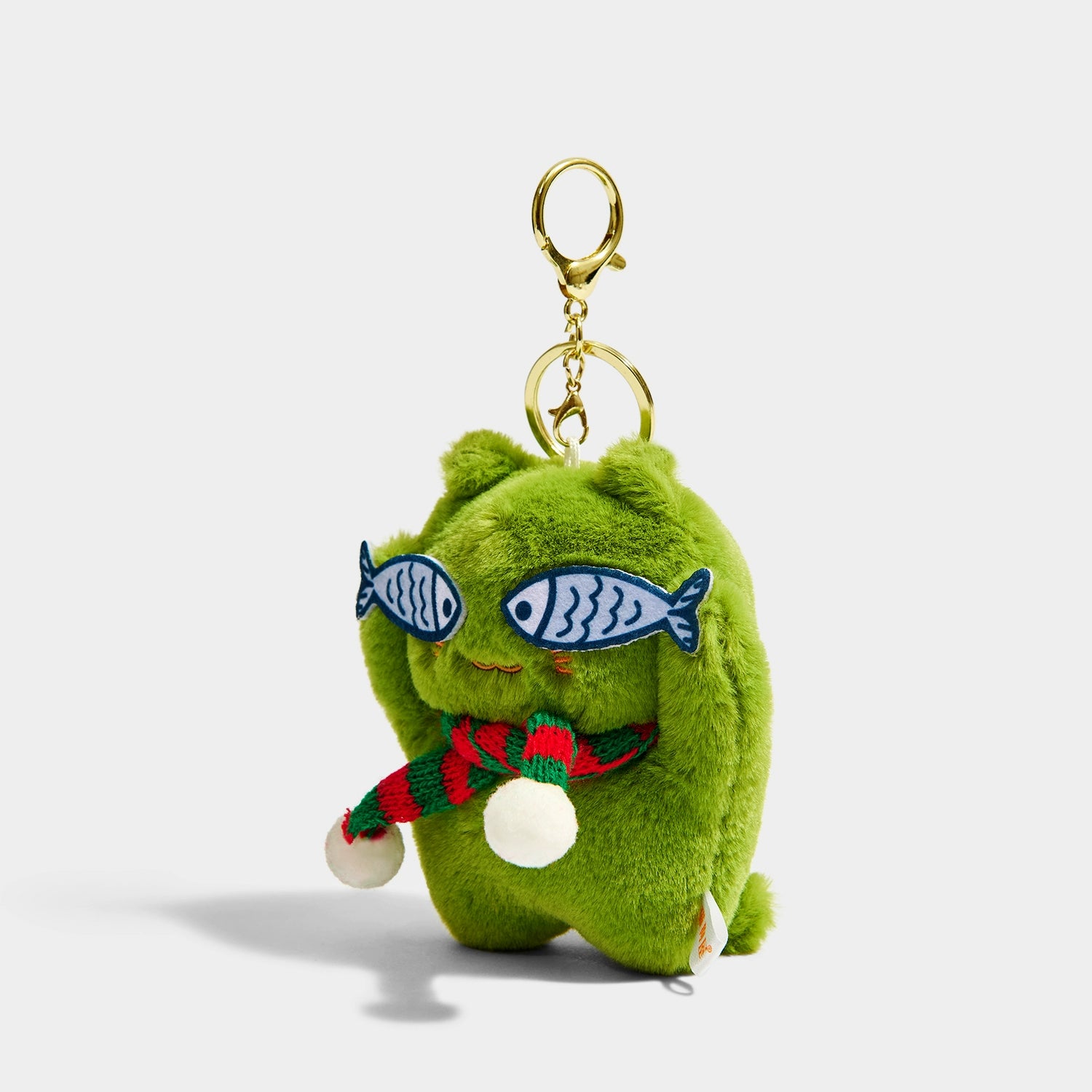 Adorable Green Plush Cat Bag Charm Keychain with Glasses and Fish Pendant