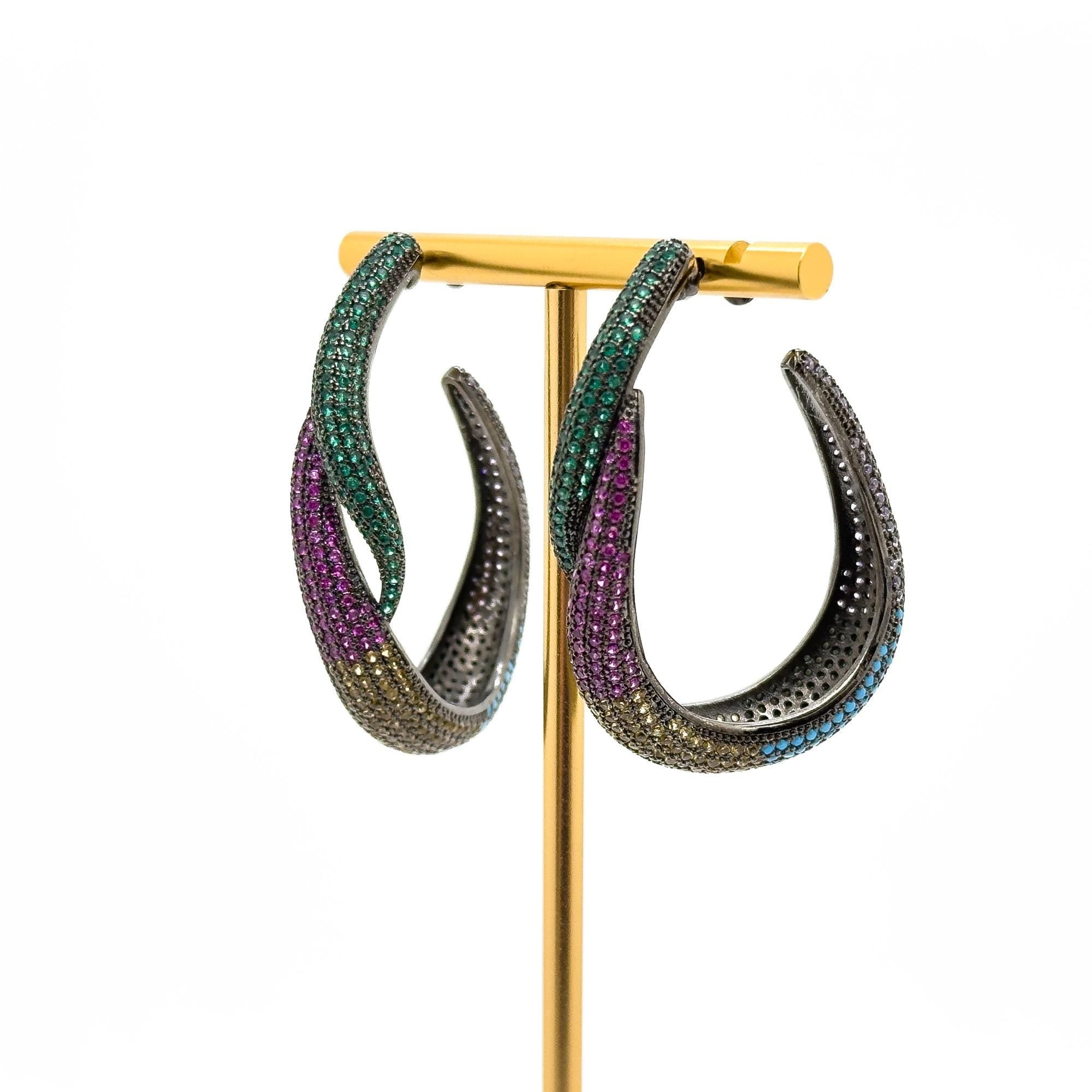 GIFTEEO Art Deco "Caspienne Mer II" | Colourful Full Crystal Oval Earrings for Weddings - Handcrafted Luxury Jewelry