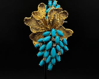 Vintage Art Deco Blue Grape Brooch Gold-Plated Rhinestone Leaf