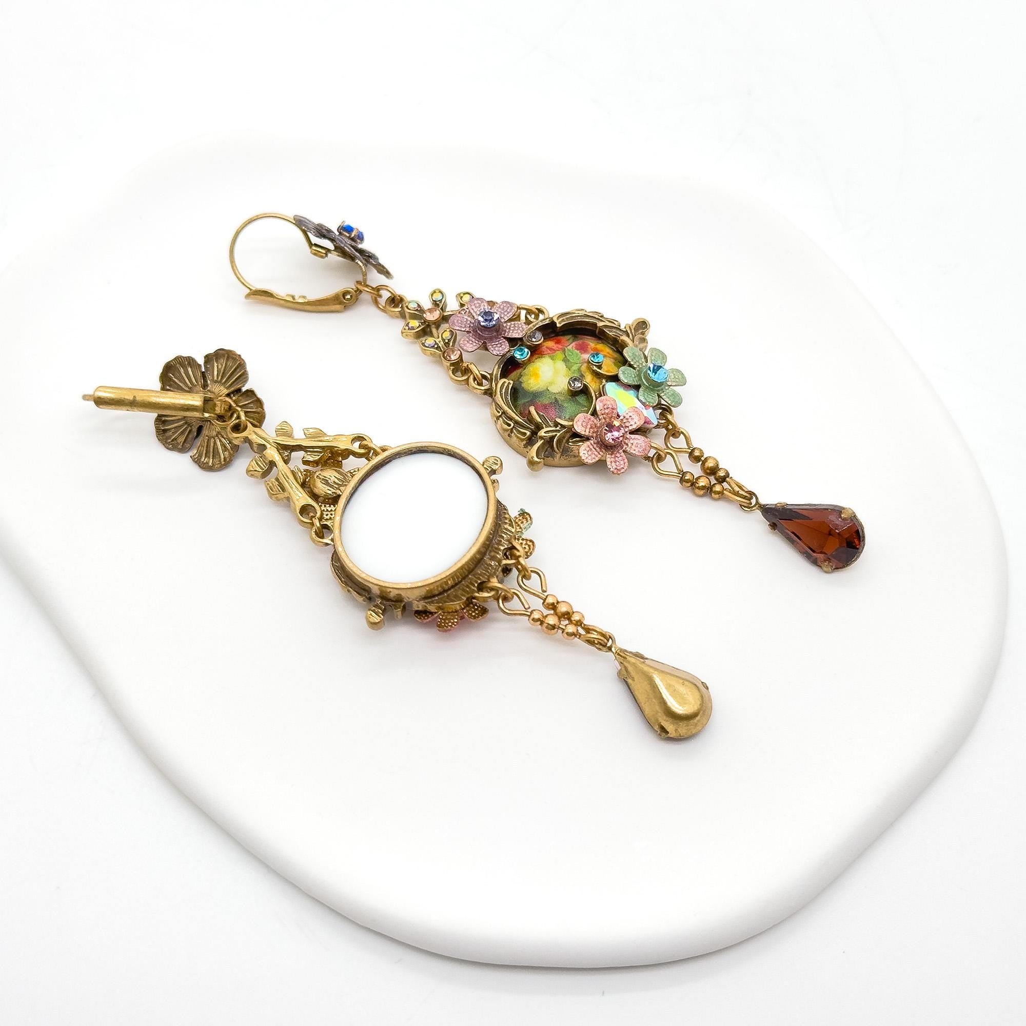 French Vintage Ethnic 3D Flower Dangle Earrings Gold-Plated