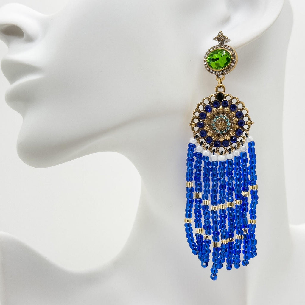 Boho Ethnic Vintage Beaded Tassel Dangle Earrings Klein Blue