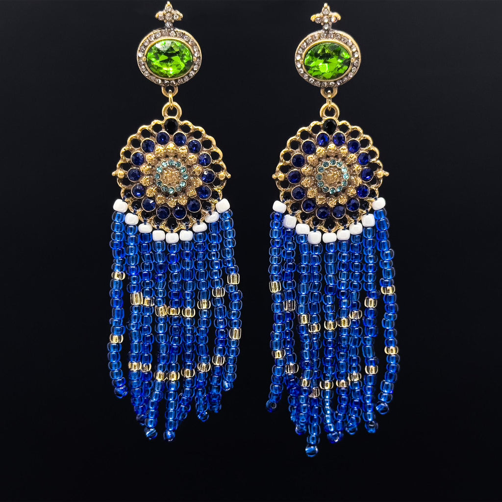 Boho Ethnic Vintage Beaded Tassel Dangle Earrings Klein Blue