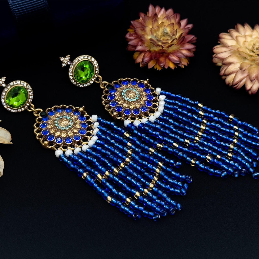 Boho Ethnic Vintage Beaded Tassel Dangle Earrings Klein Blue