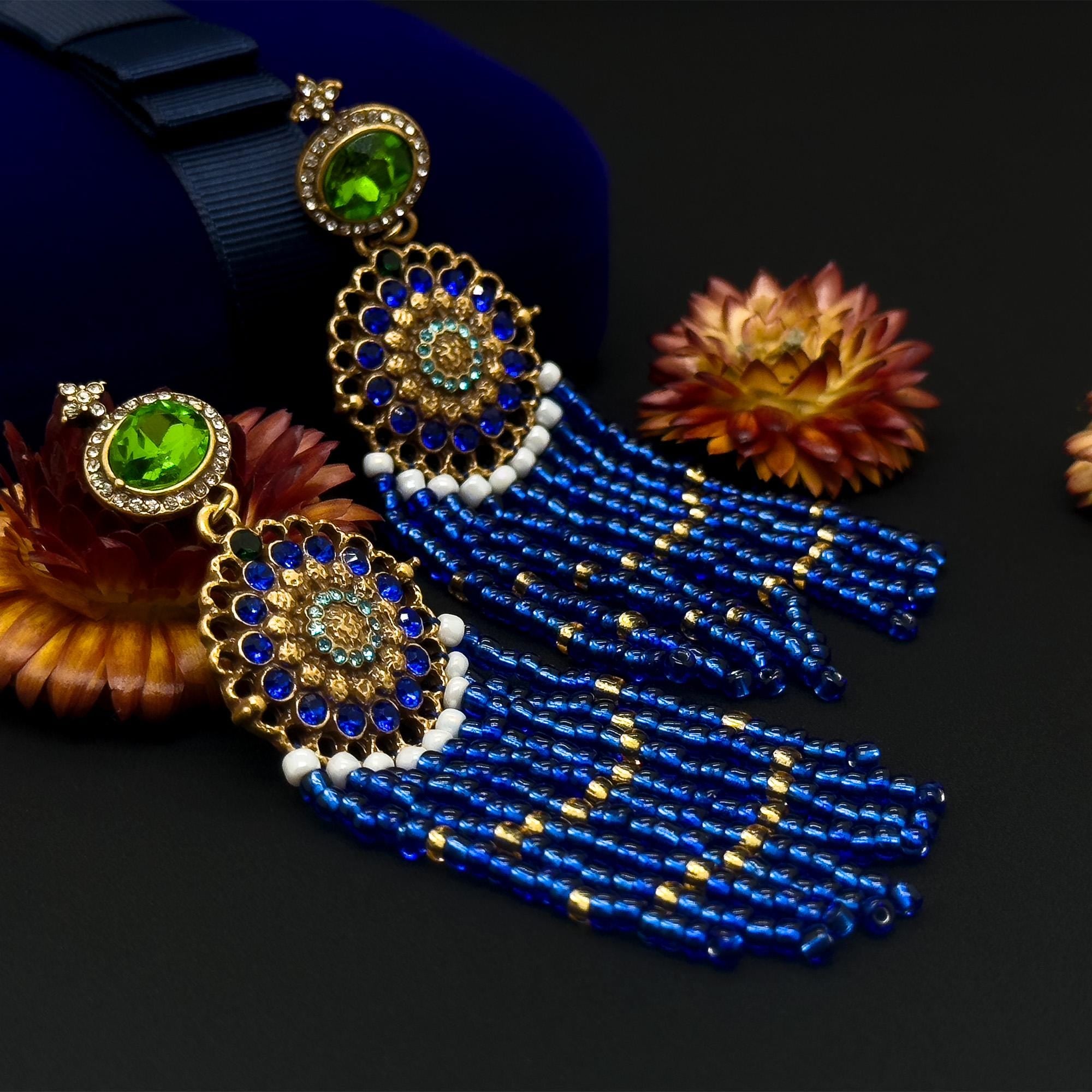 Boho Ethnic Vintage Beaded Tassel Dangle Earrings Klein Blue