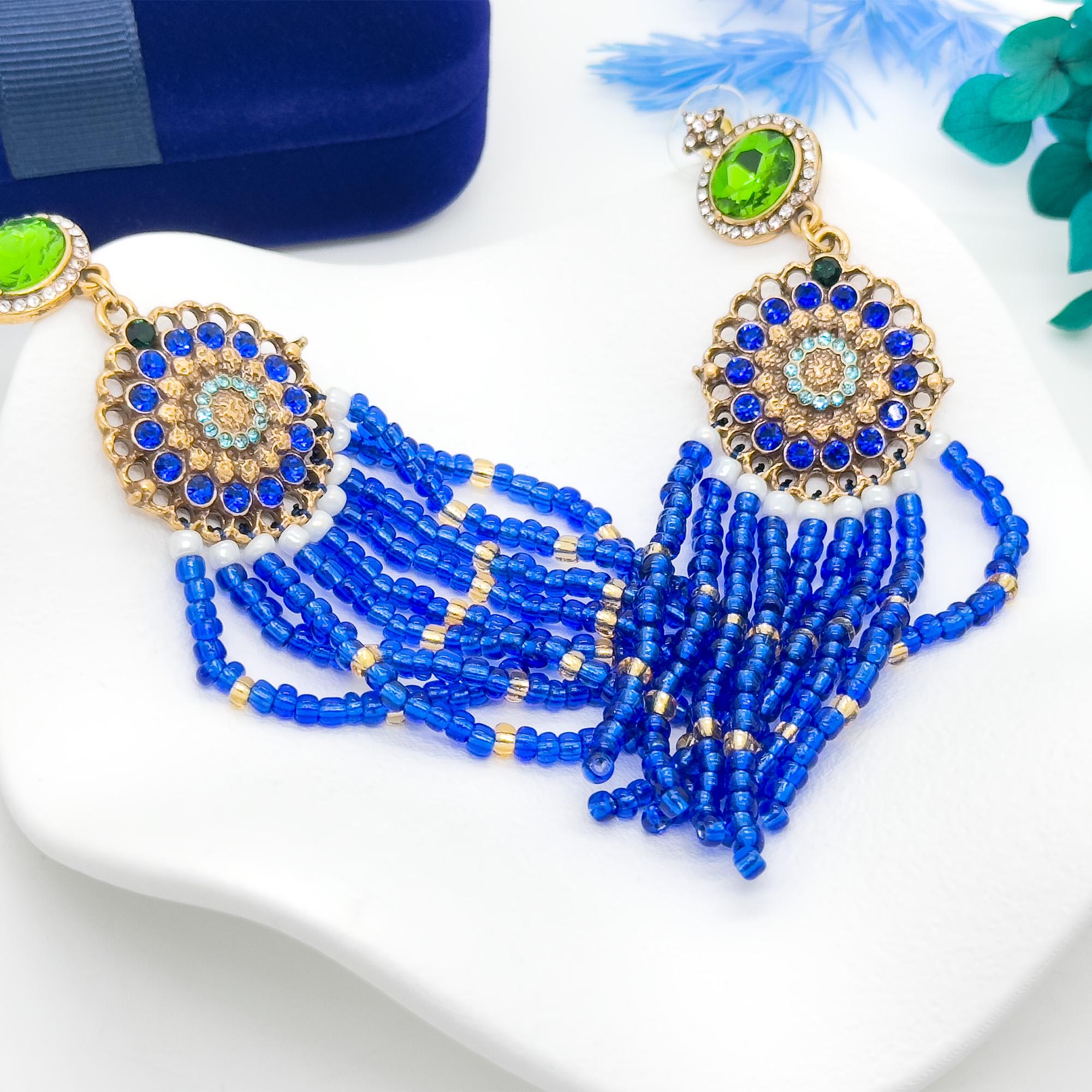 Boho Ethnic Vintage Beaded Tassel Dangle Earrings Klein Blue