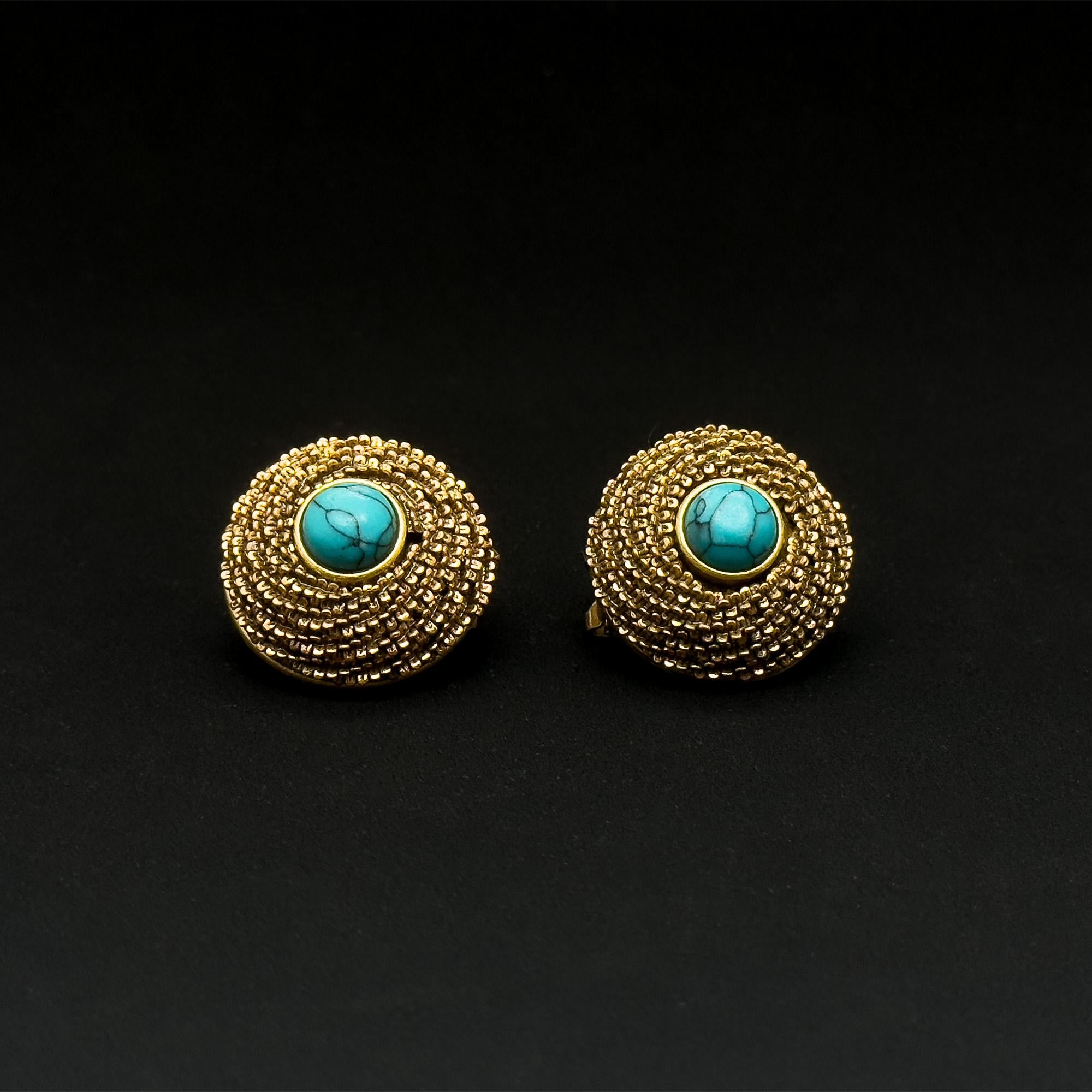Vintage Ethnic Turquoise Dangle Earrings 24K Gold-Plated 925 Silver Hooks