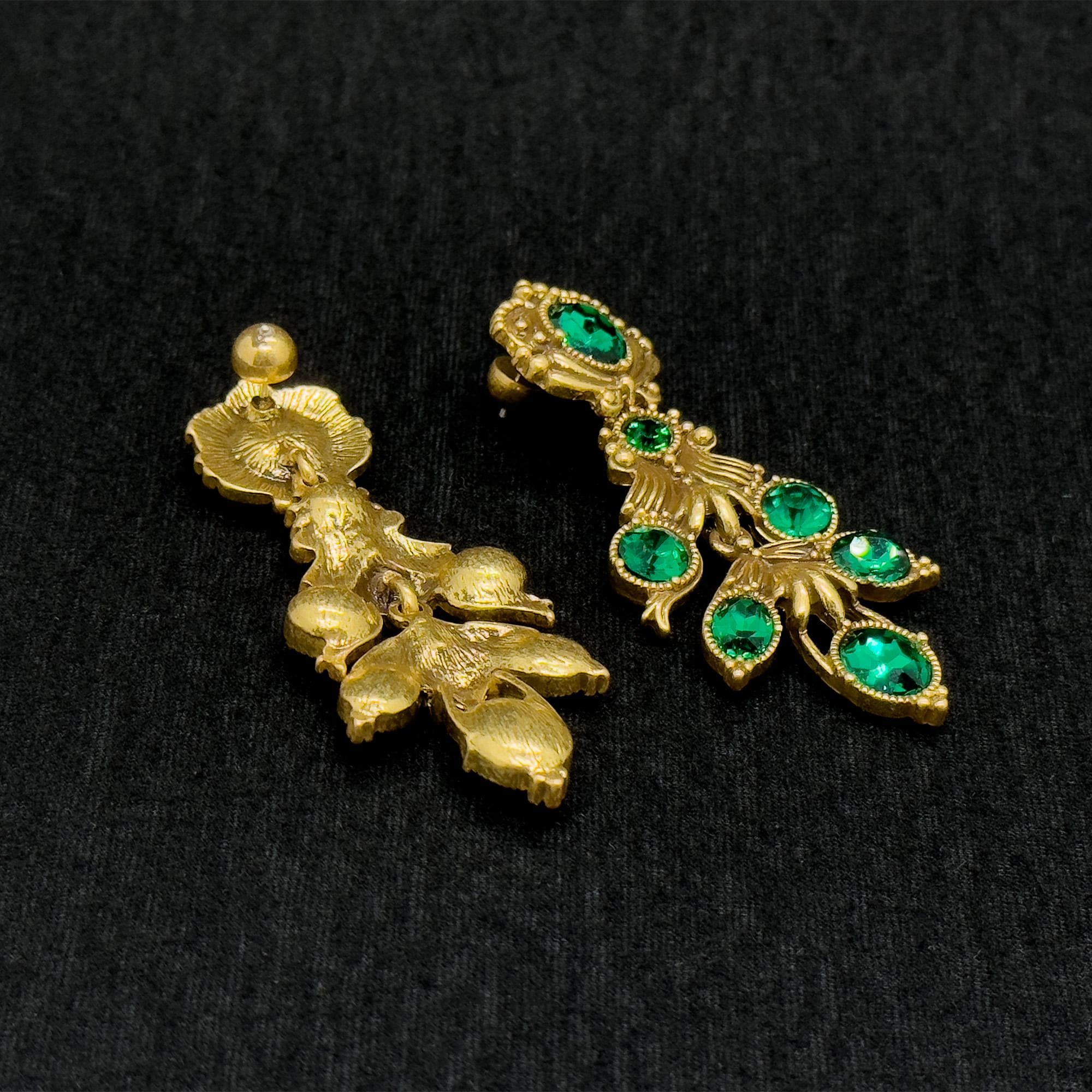 Vintage Ethnic Green Crystal Leaf Drop Earrings, 18K Gold-Plated