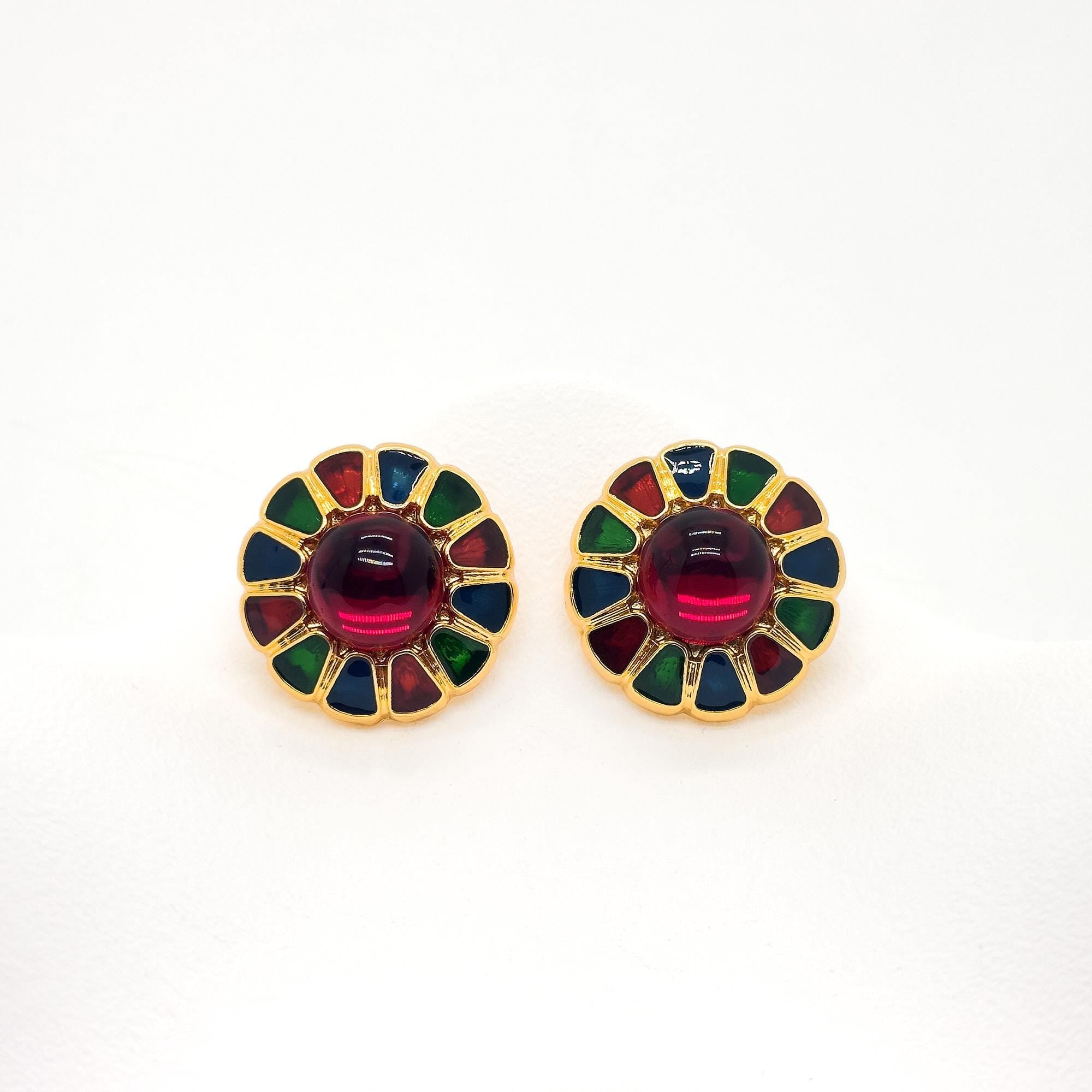 Vintage Cloisonné Enamel Glass Stud Earrings Palace Colourful Handmade