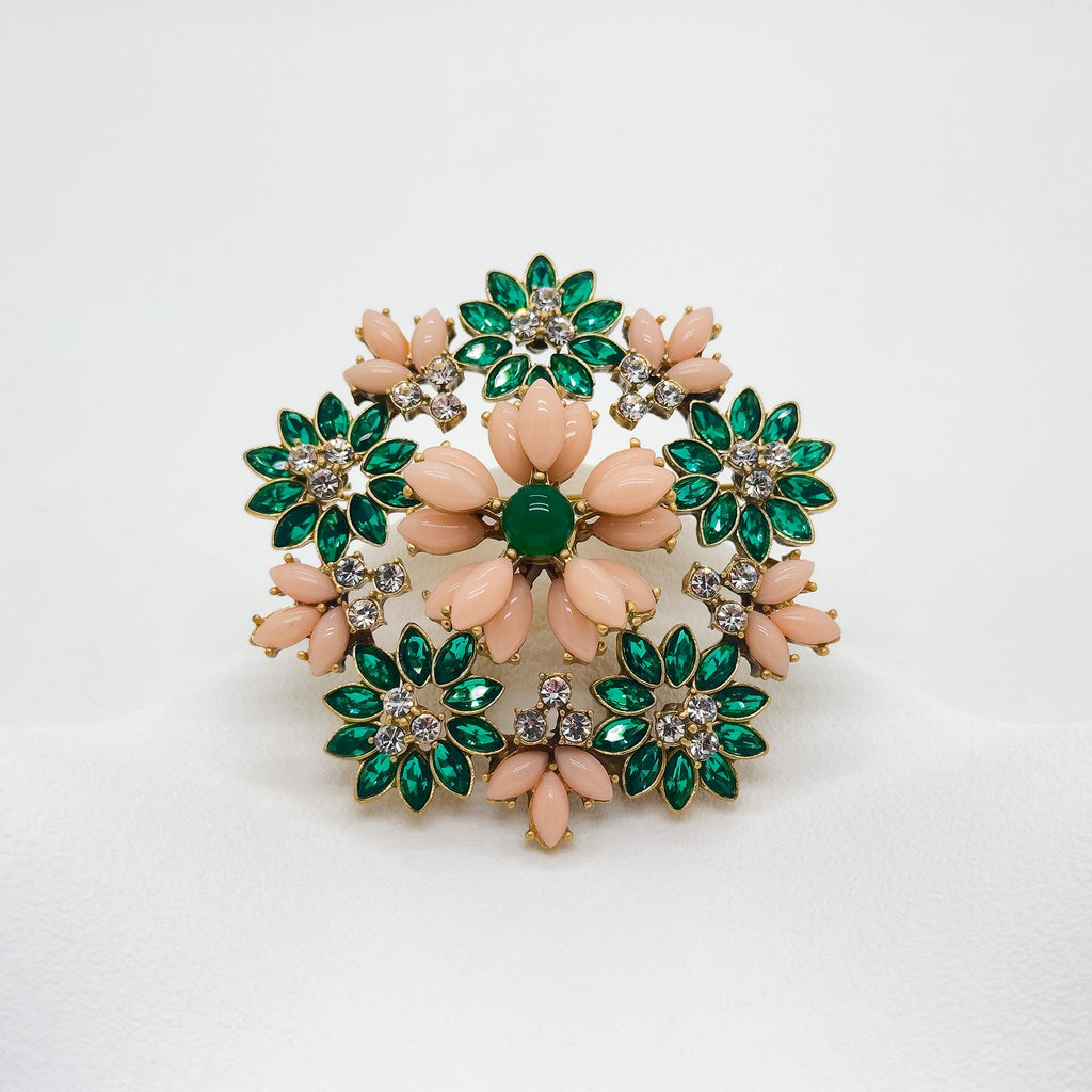 Art Deco 3D Flower Crystal Enamel Brooch 18K Gold-Plated Copper