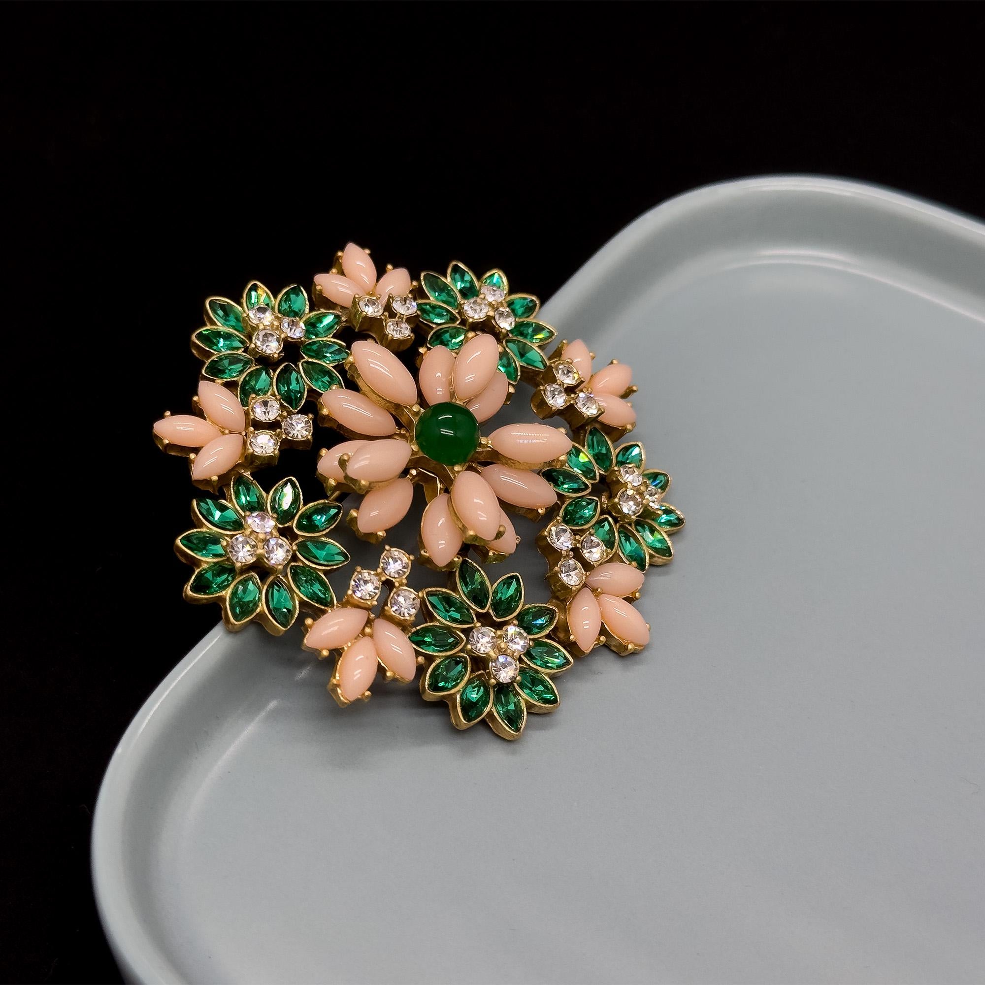 Art Deco 3D Flower Crystal Enamel Brooch 18K Gold-Plated Copper