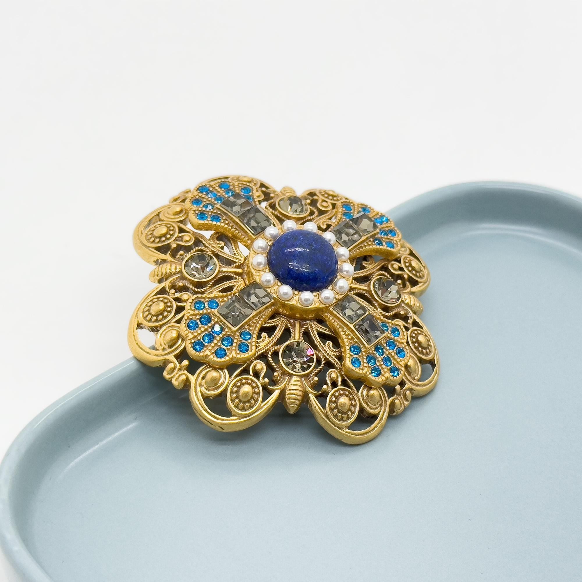 Vintage Art Deco Lapis Lazuli Gold-Plated Copper Brooch 68mm