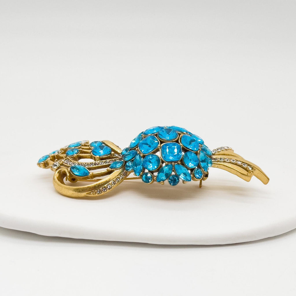 Vintage Art Deco Crystal Bouquet Brooch, 18K Gold-Plated Blue