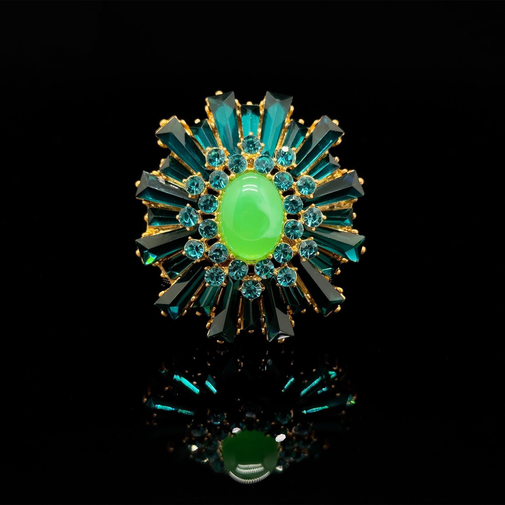 Vintage Art Deco Zircon Brooch 18K Gold-Plated Green Crystal Pin