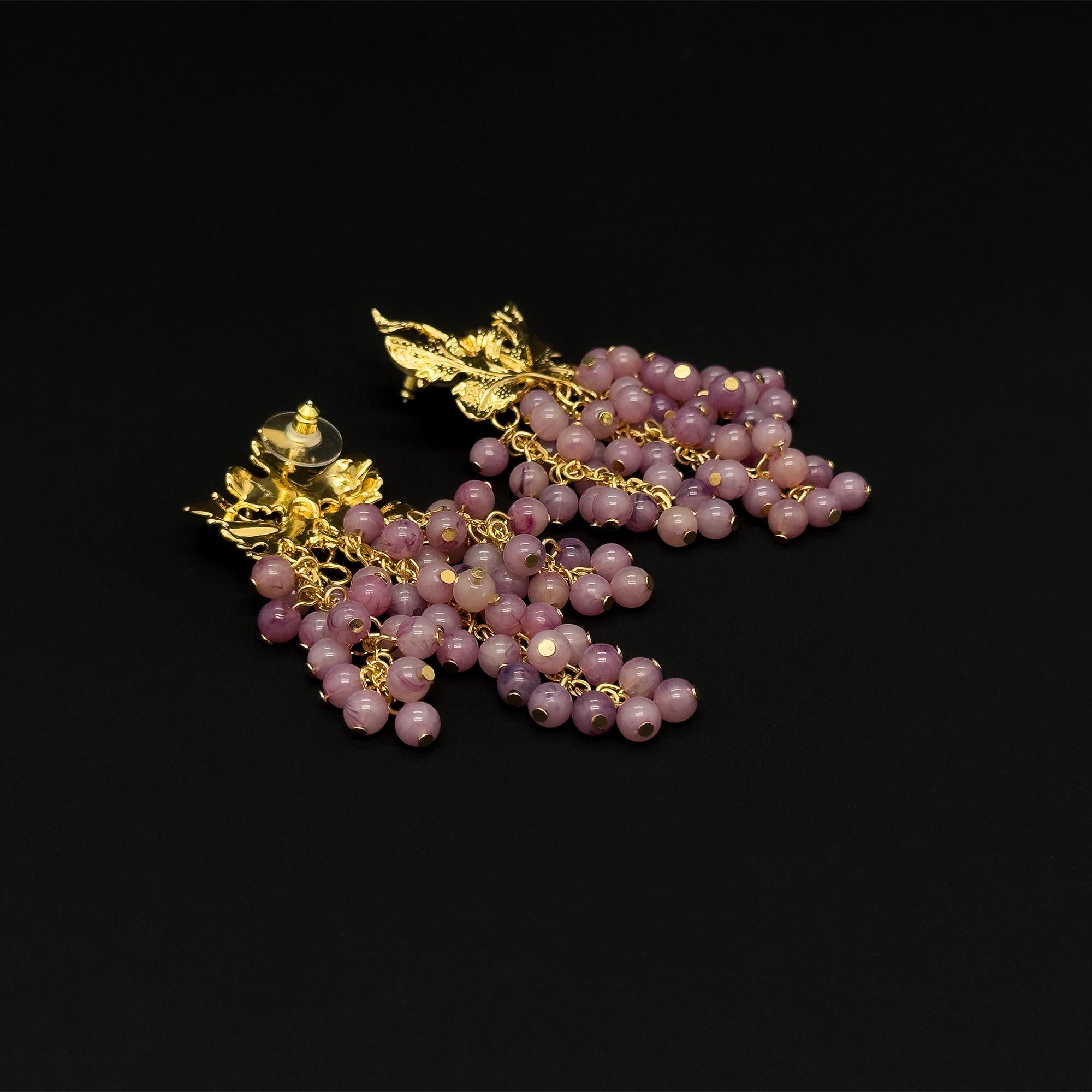 Vintage Art Deco 3D Grape Earrings Purple Beaded Copper Gold-Plated