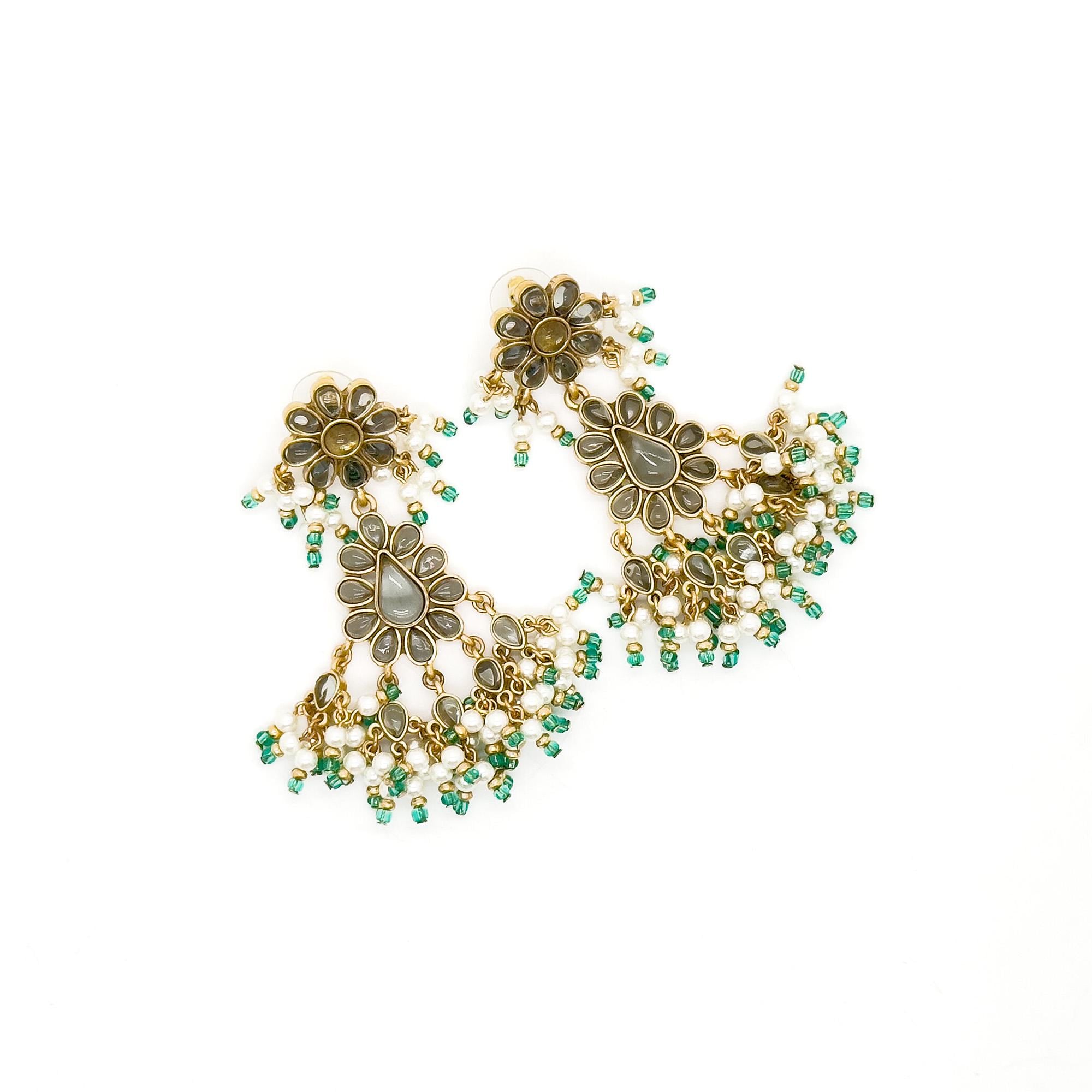 Art Deco Floral Glass Tassel Earrings 18K Gold-Plated Copper