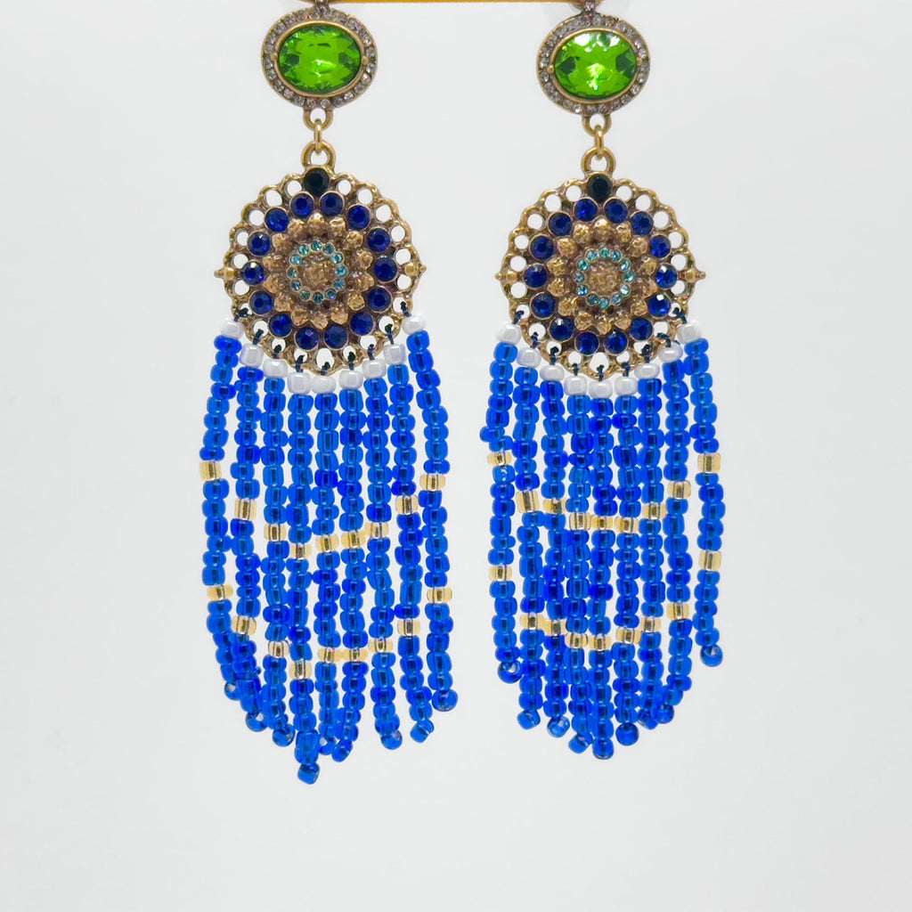 Boho Ethnic Vintage Beaded Tassel Dangle Earrings Klein Blue