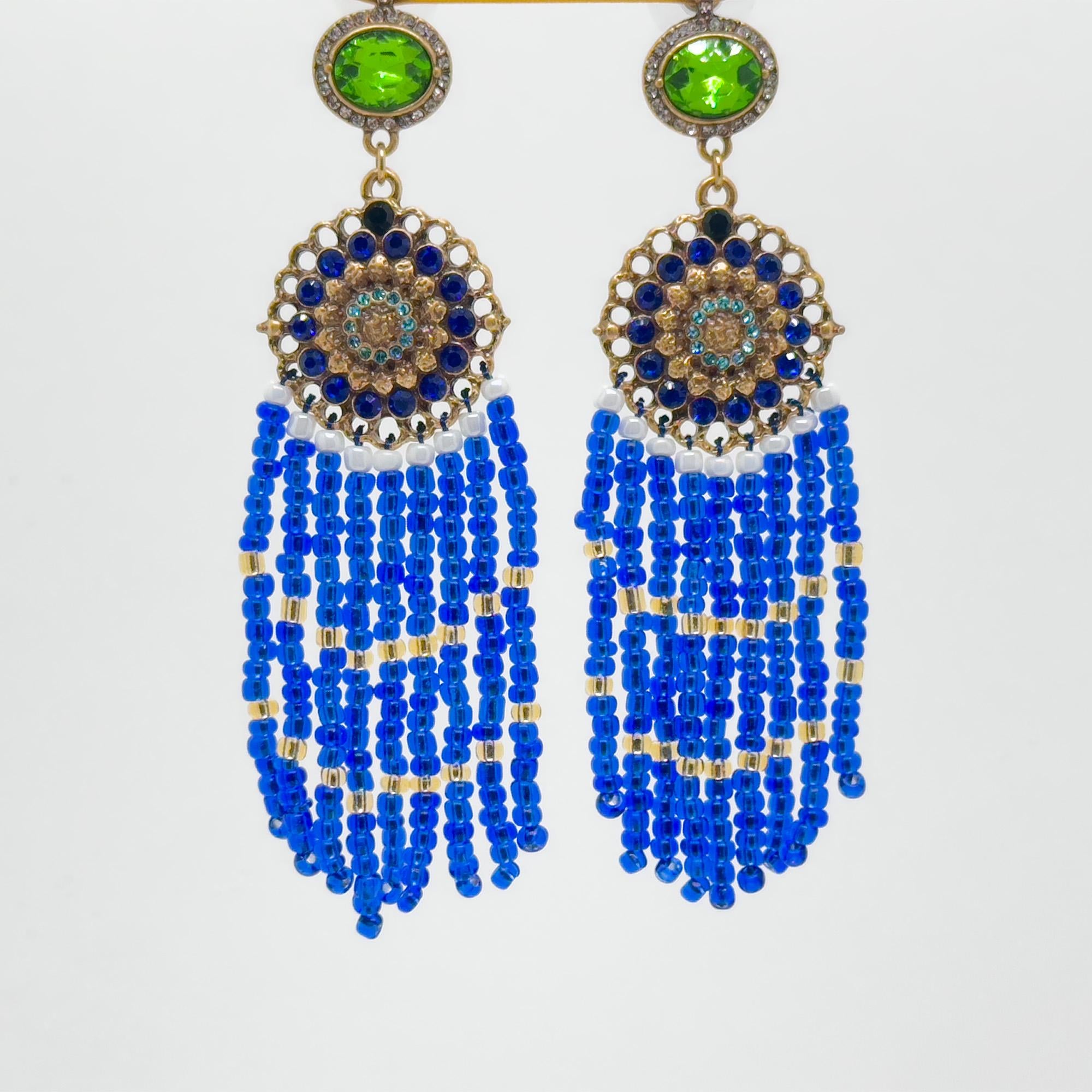 Boho Ethnic Vintage Beaded Tassel Dangle Earrings Klein Blue