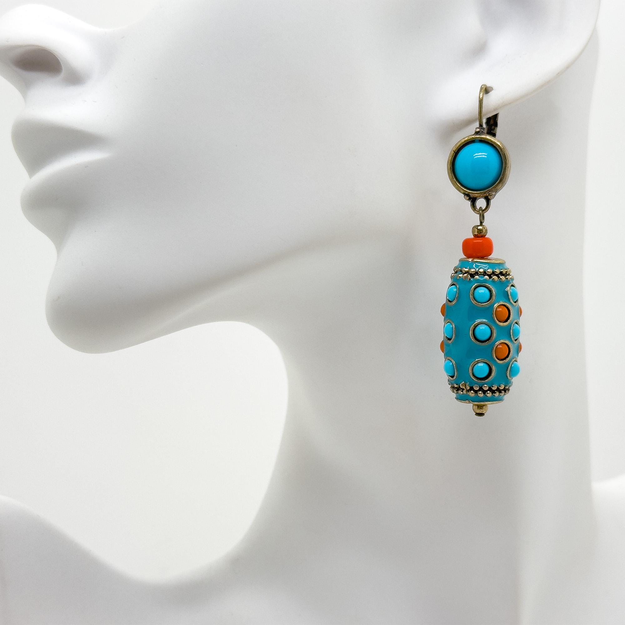 Vintage Ethnic Turquoise Thangka Drop Earrings Copper Enamel Tribal