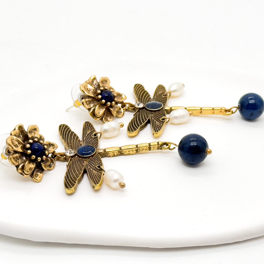 Vintage Ethnic 3D Dragonfly Flower Drop Earrings with Pearls