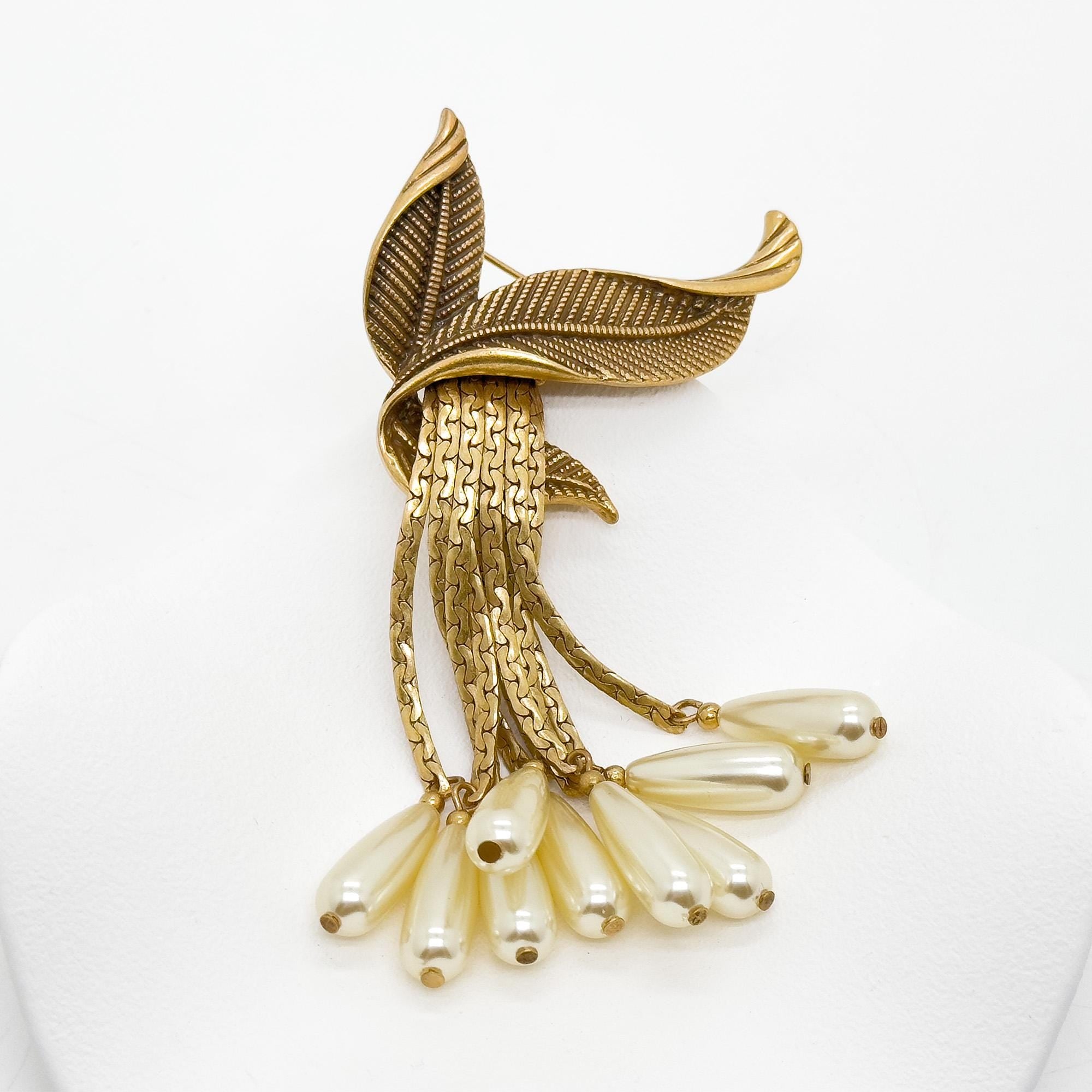 Vintage Art Deco Leaf Fringe Brooch and Dangle Earring Set