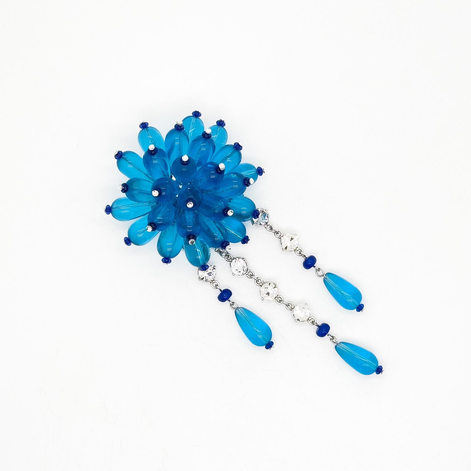 Vintage Art Deco Lapis Lazuli Enamel Flower Tassel Brooch