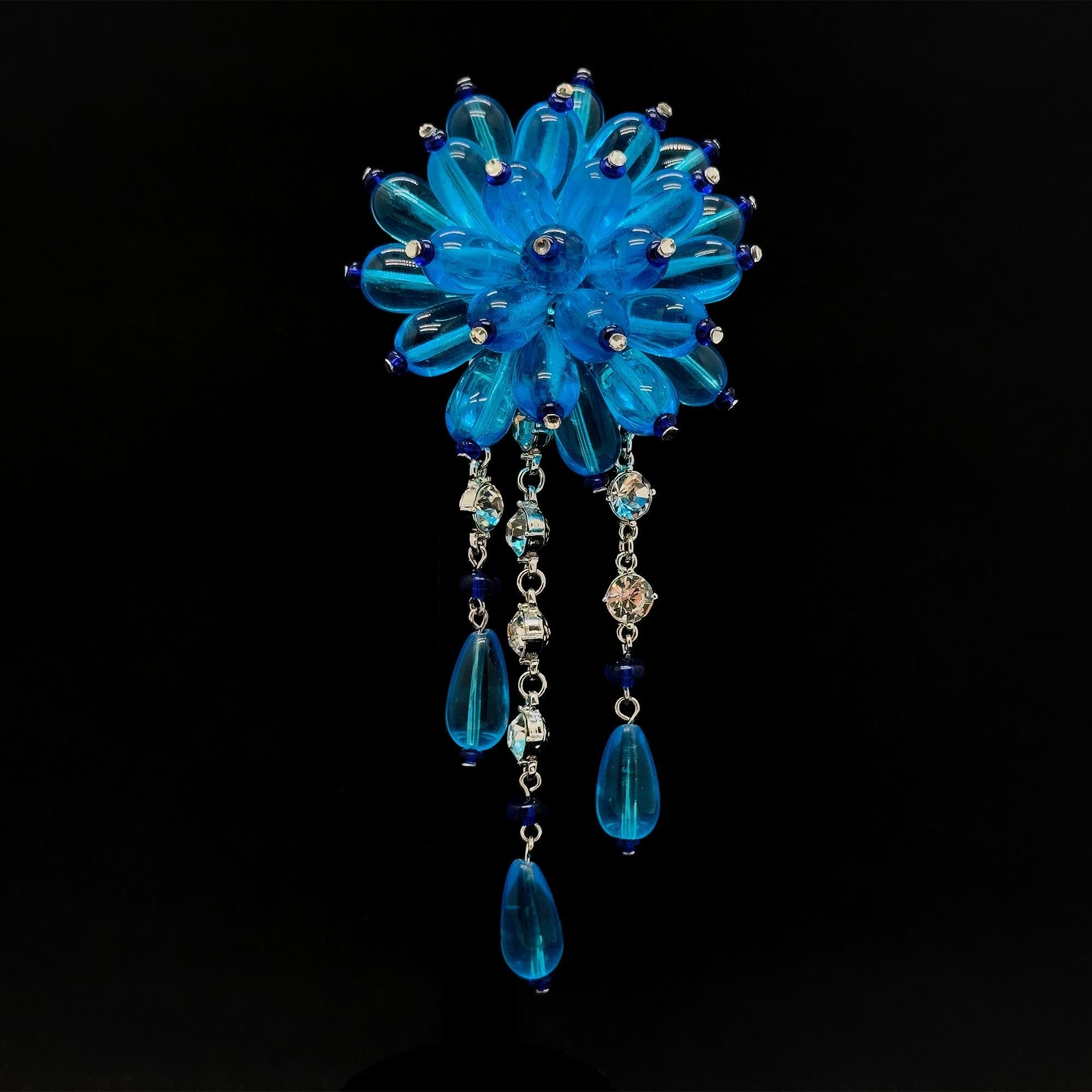 Vintage Art Deco Lapis Lazuli Enamel Flower Tassel Brooch