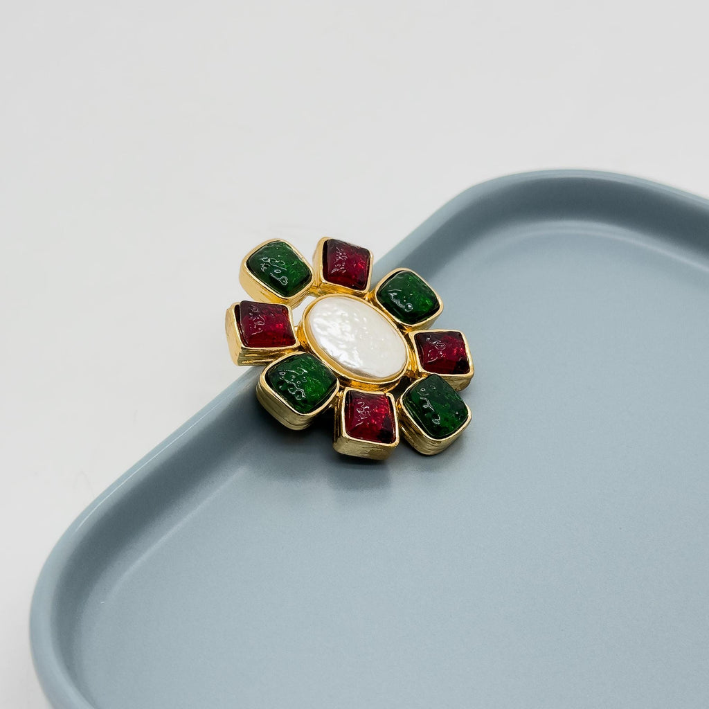 Art Deco Enamel Flower Brooch 18K Gold-Plated Copper Vintage