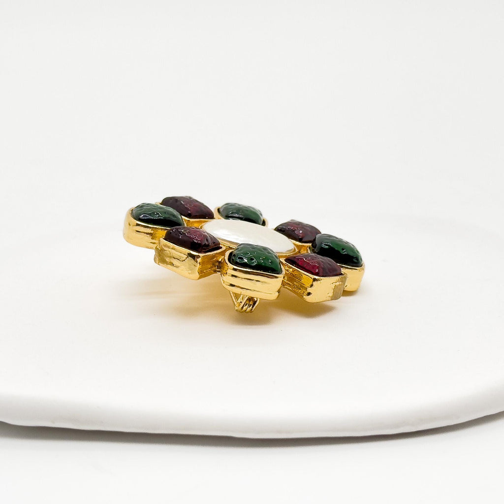 Art Deco Enamel Flower Brooch 18K Gold-Plated Copper Vintage