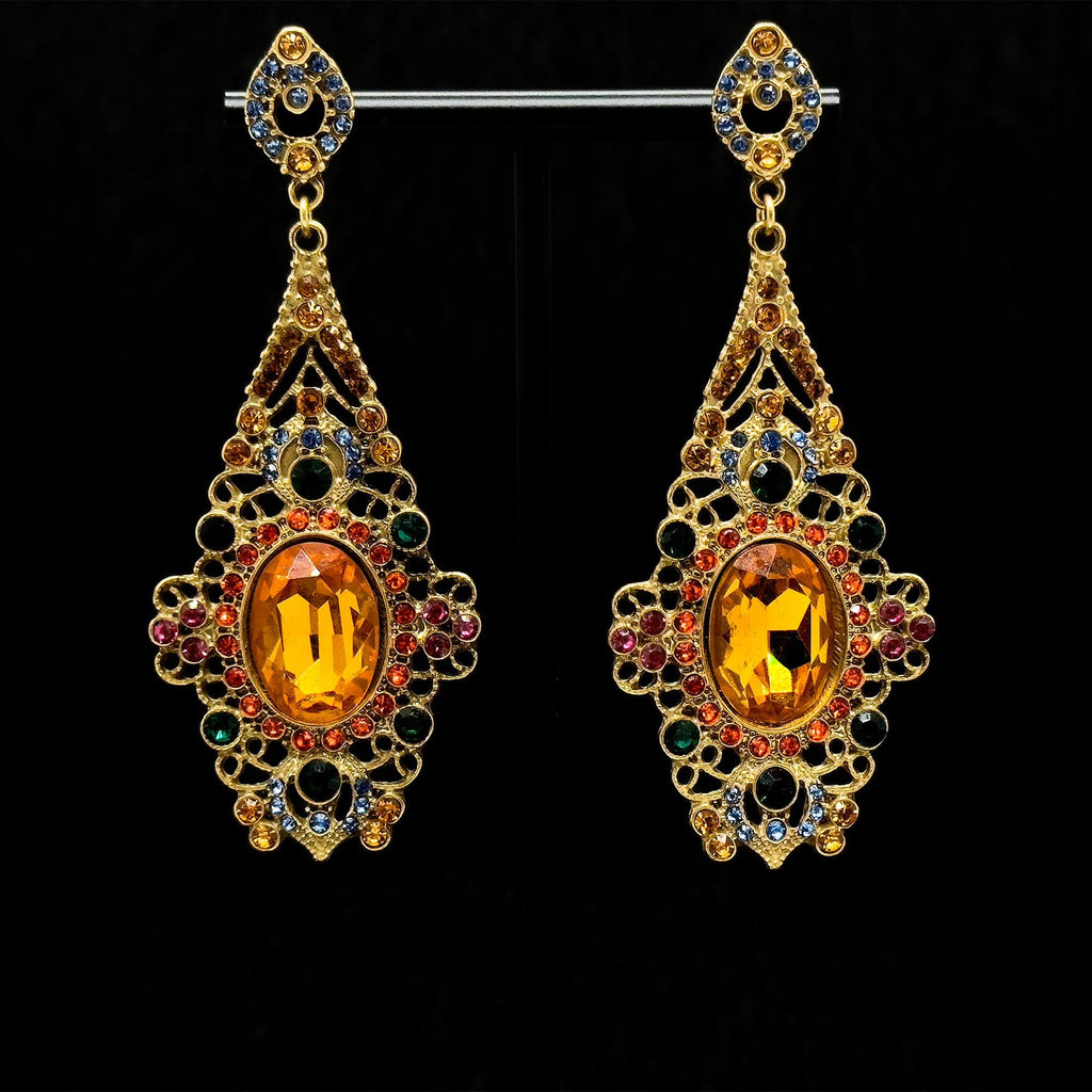 Vintage Ethnic Zircon Crystal Drop Earrings 18K Gold-Plated Handcrafted
