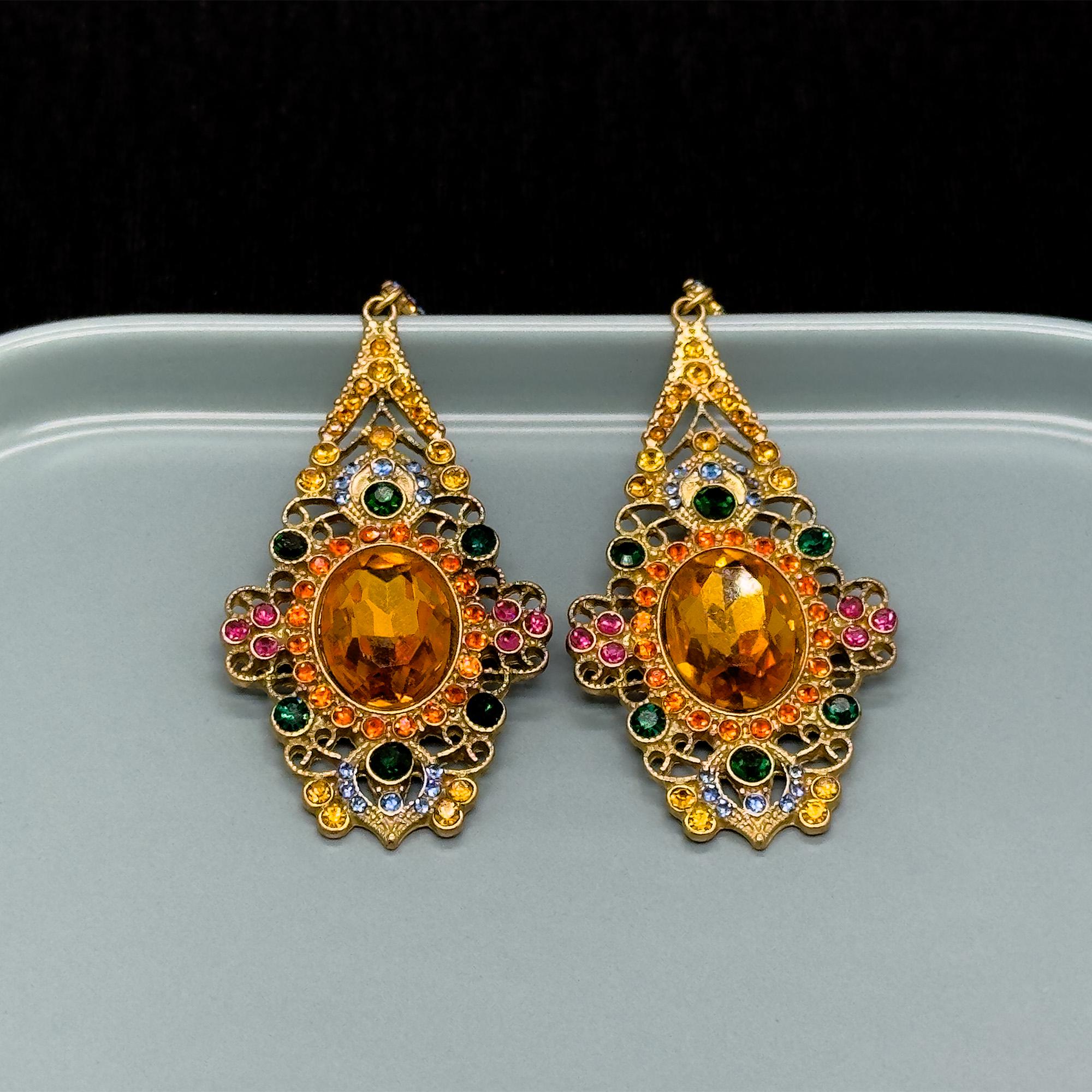 Vintage Ethnic Zircon Crystal Drop Earrings 18K Gold-Plated Handcrafted