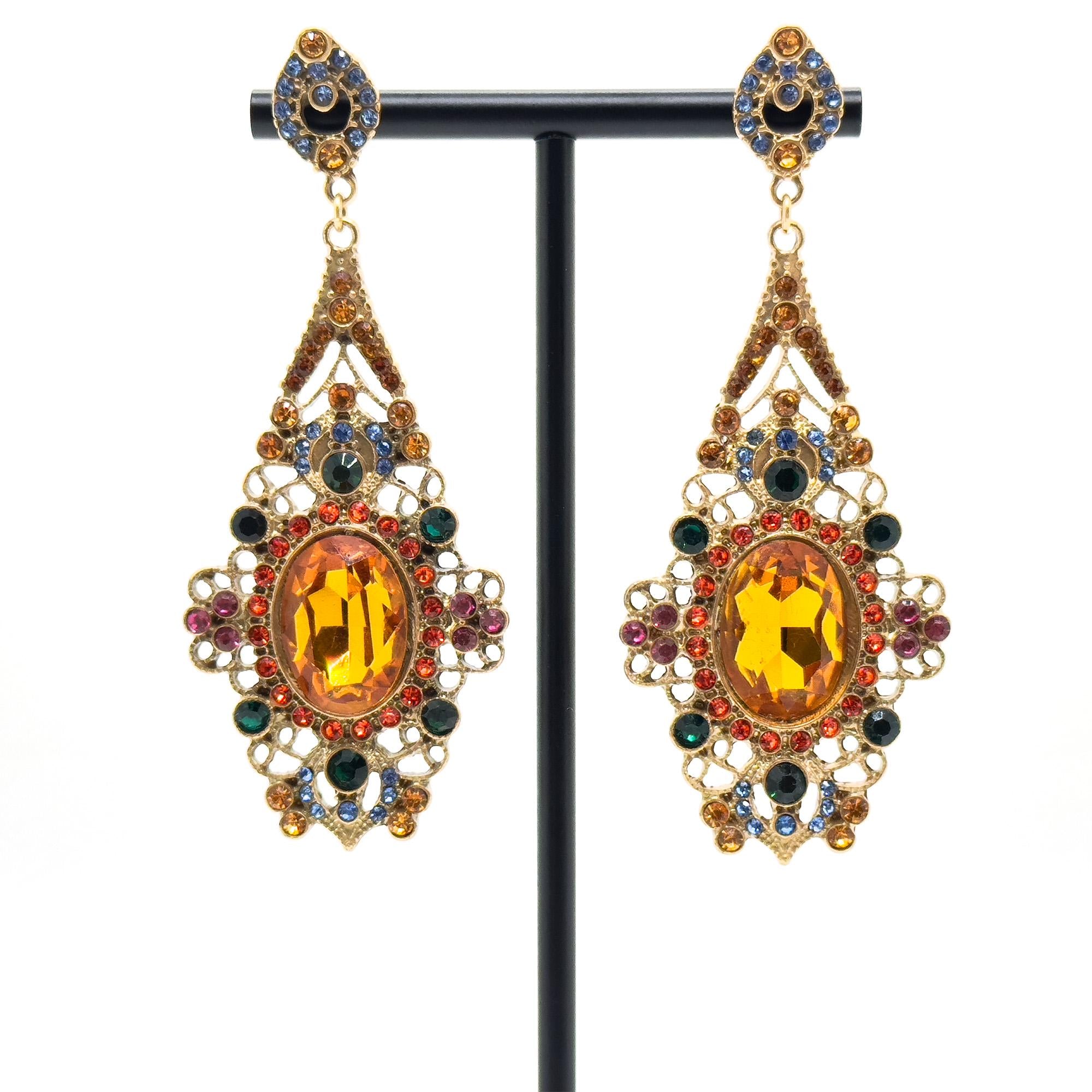 Vintage Ethnic Zircon Crystal Drop Earrings 18K Gold-Plated Handcrafted