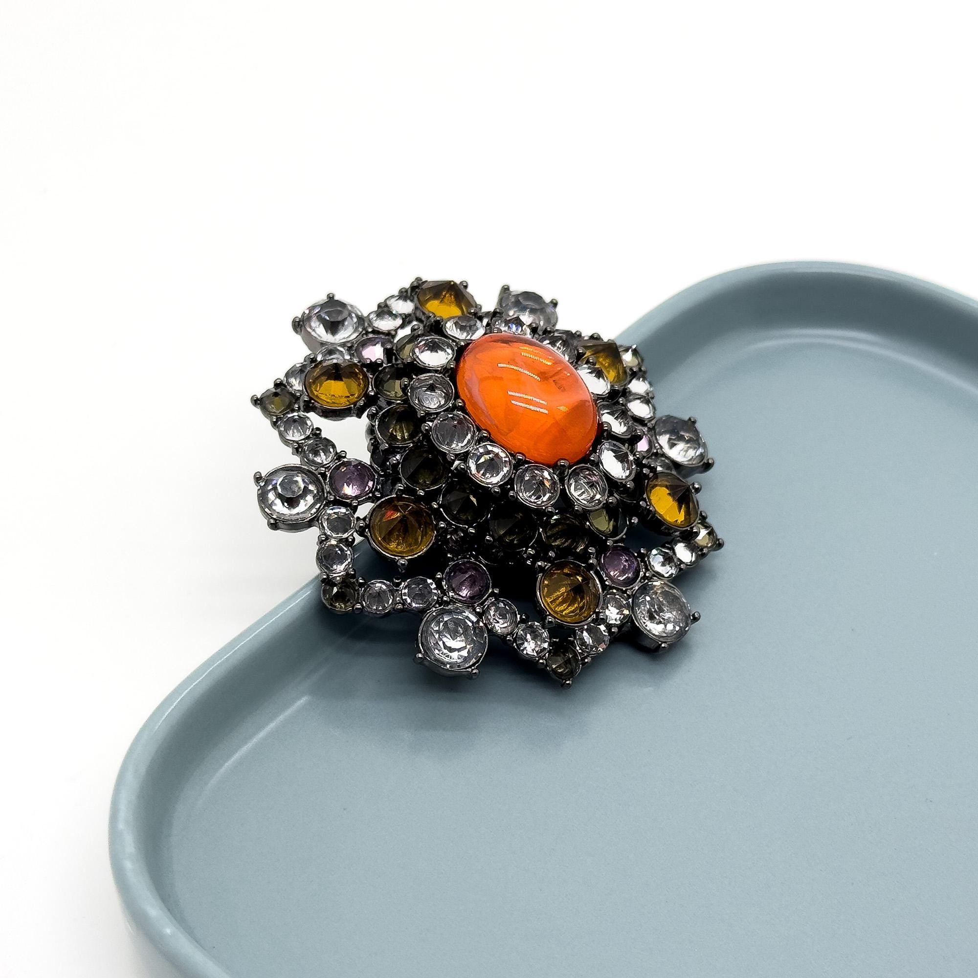 Vintage Art Deco Rhinestone Crystal Copper Brooch, Court-Style Pin