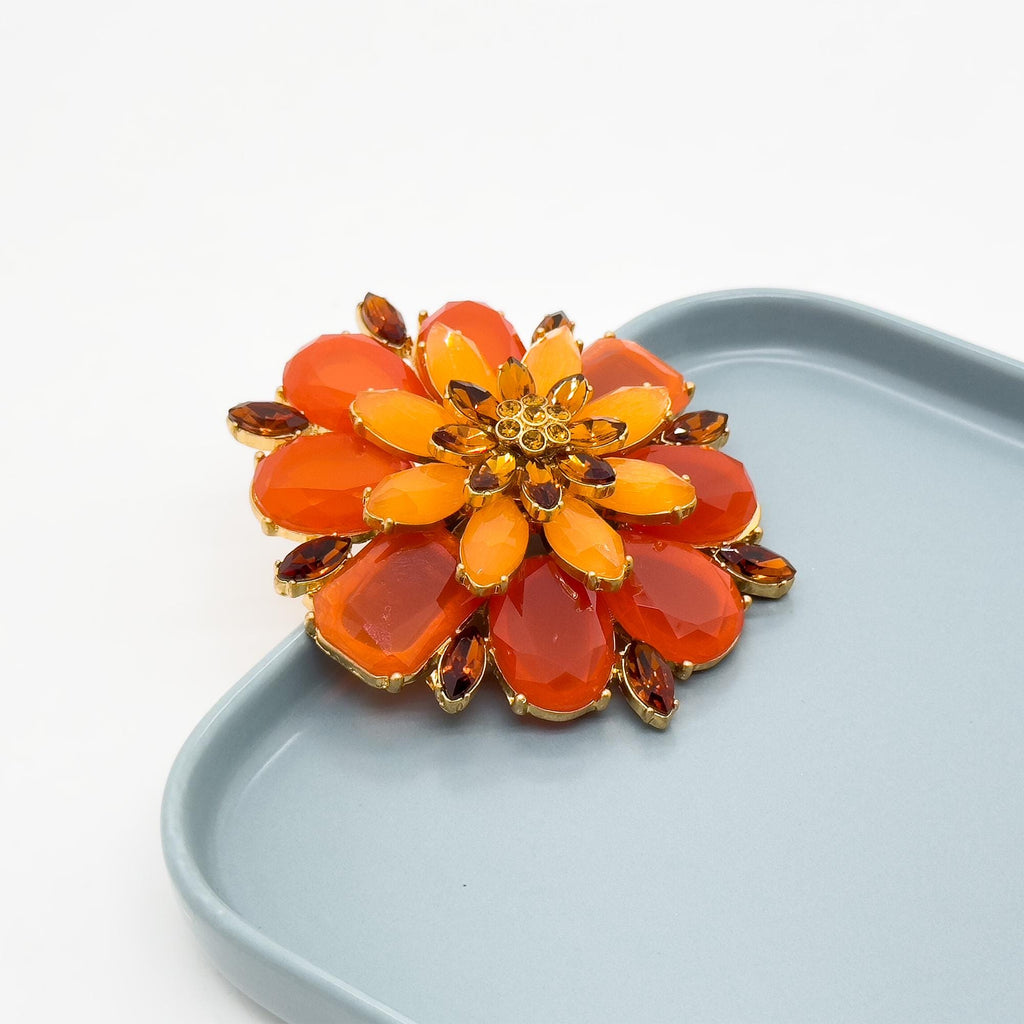 Vintage Art Deco 3D Red Flower Crystal Glass Copper Brooch