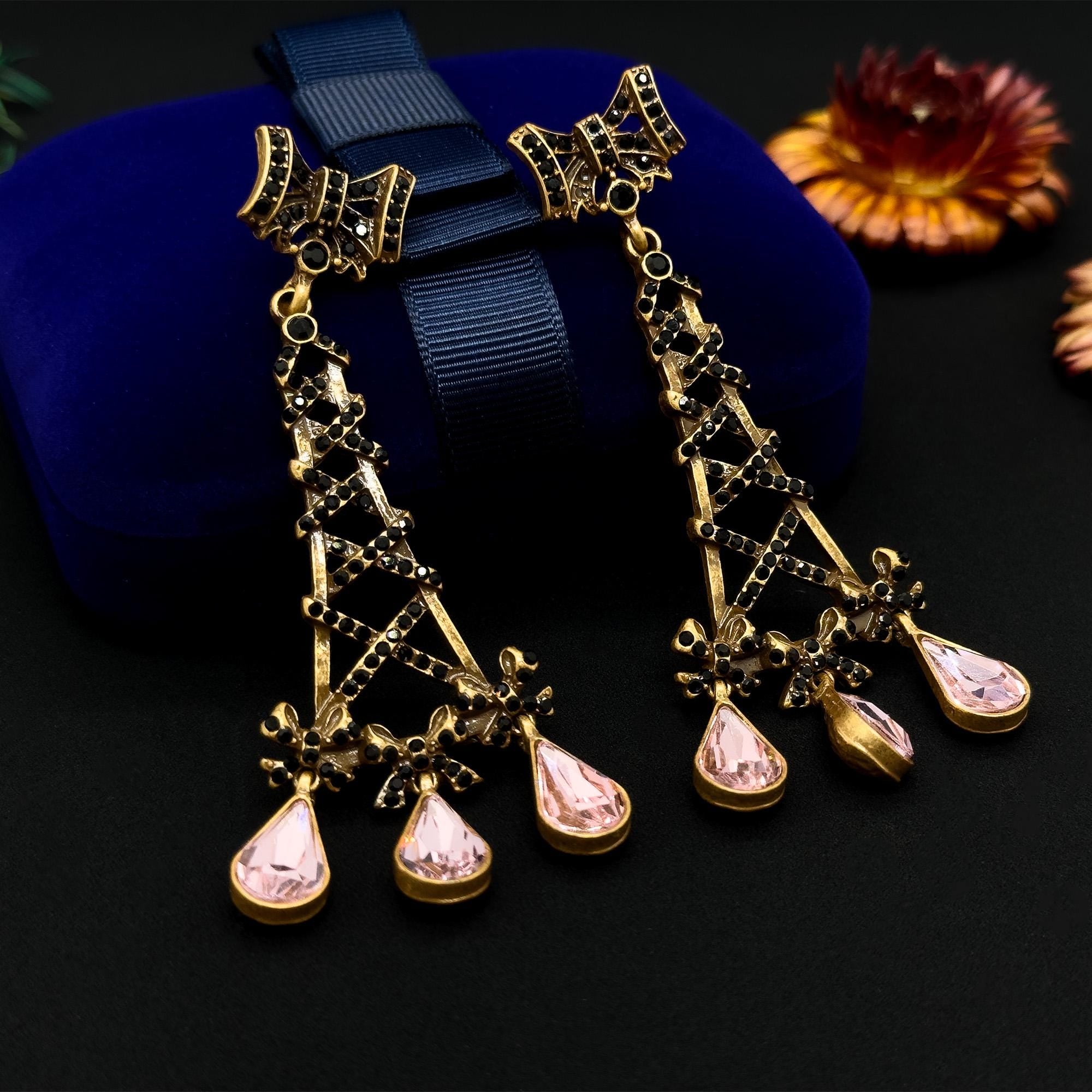 Vintage Ethnic Eiffel Tower Crystal Drop Earrings, 18K Gold-Plated
