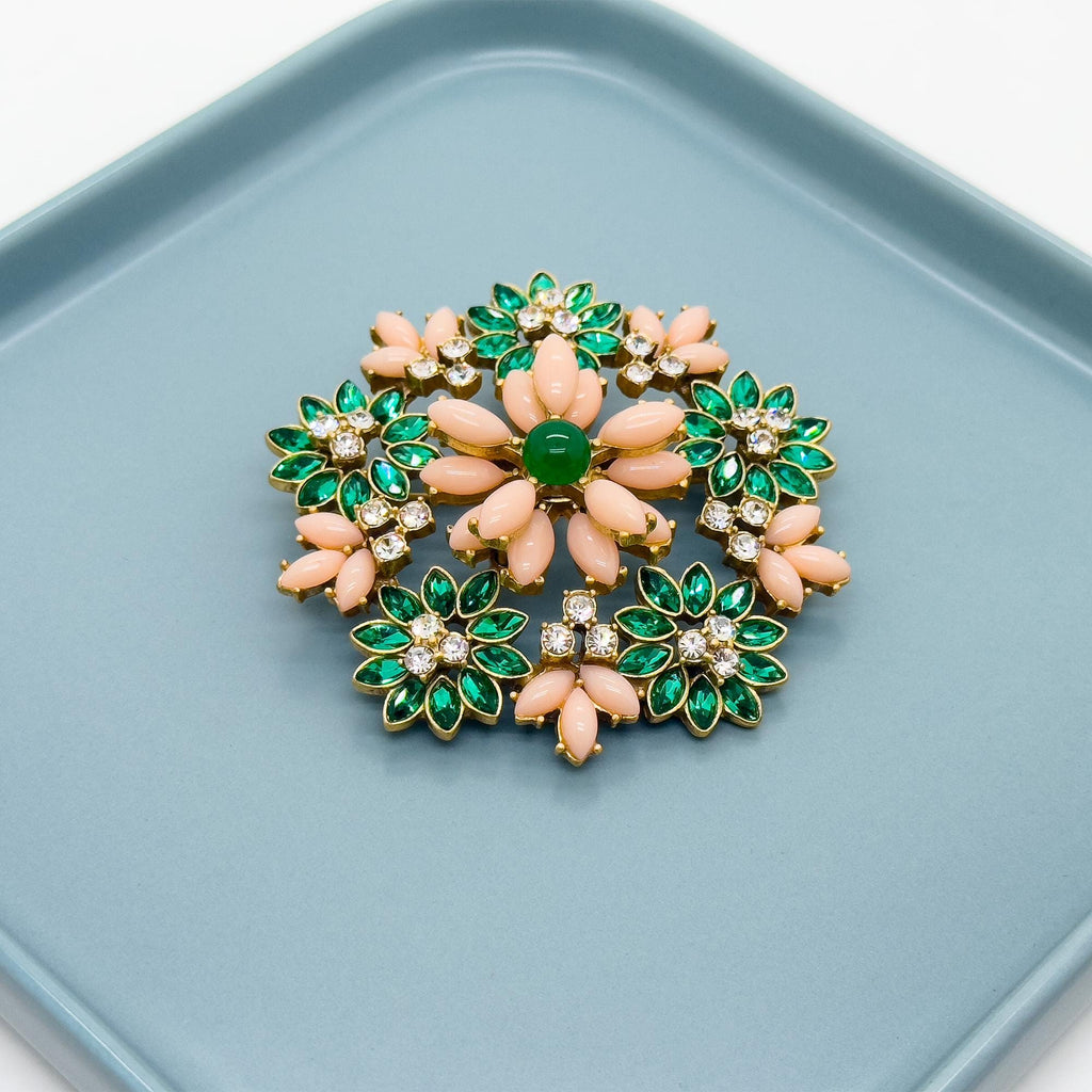 Art Deco 3D Flower Crystal Enamel Brooch 18K Gold-Plated Copper