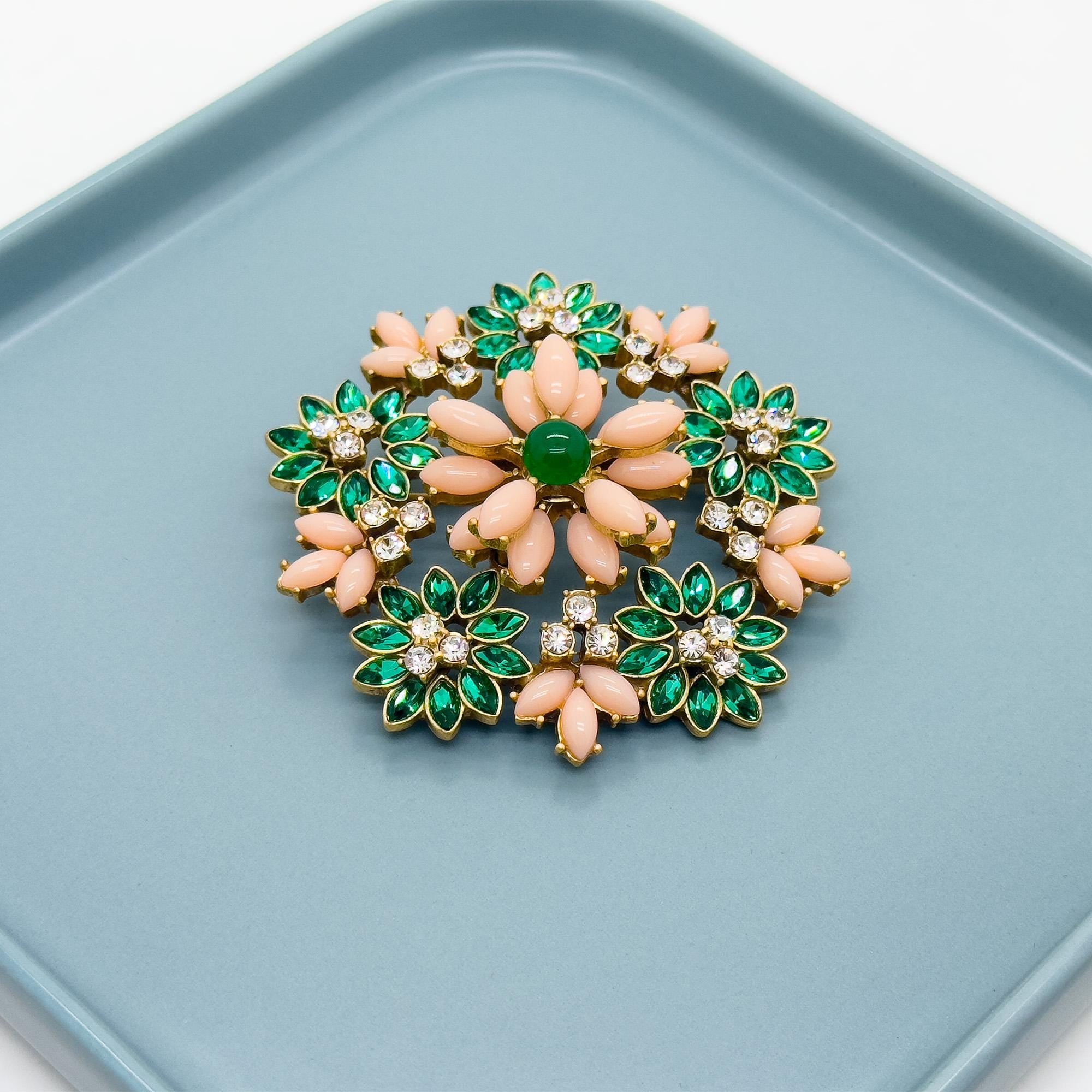 Art Deco 3D Flower Crystal Enamel Brooch 18K Gold-Plated Copper