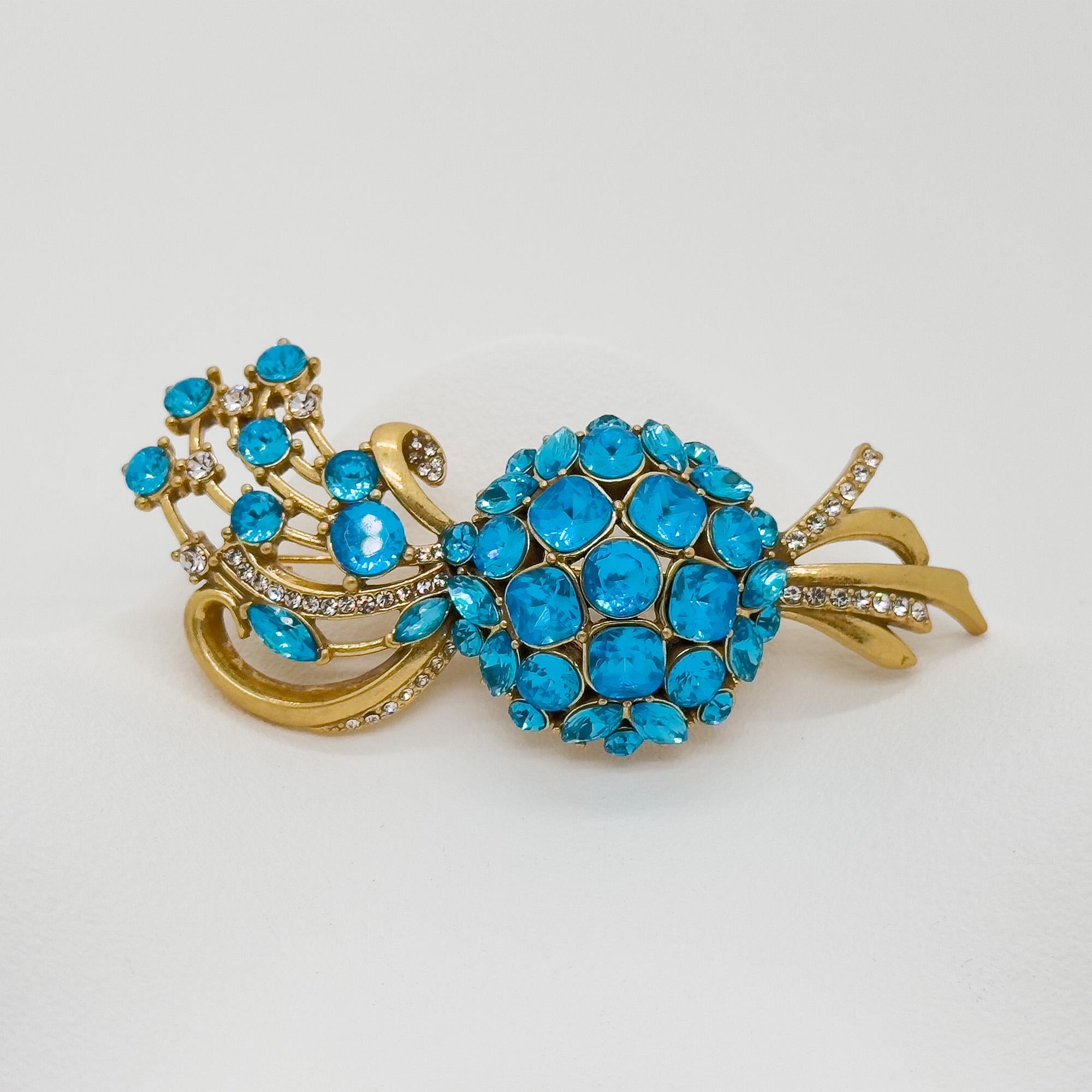 Vintage Art Deco Crystal Bouquet Brooch, 18K Gold-Plated Blue