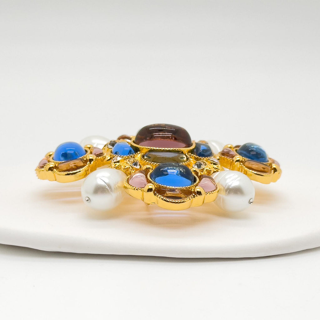 Handcrafted Vintage Art Deco Brooch featuring Lapis Lazuli, Crystal and Pearl