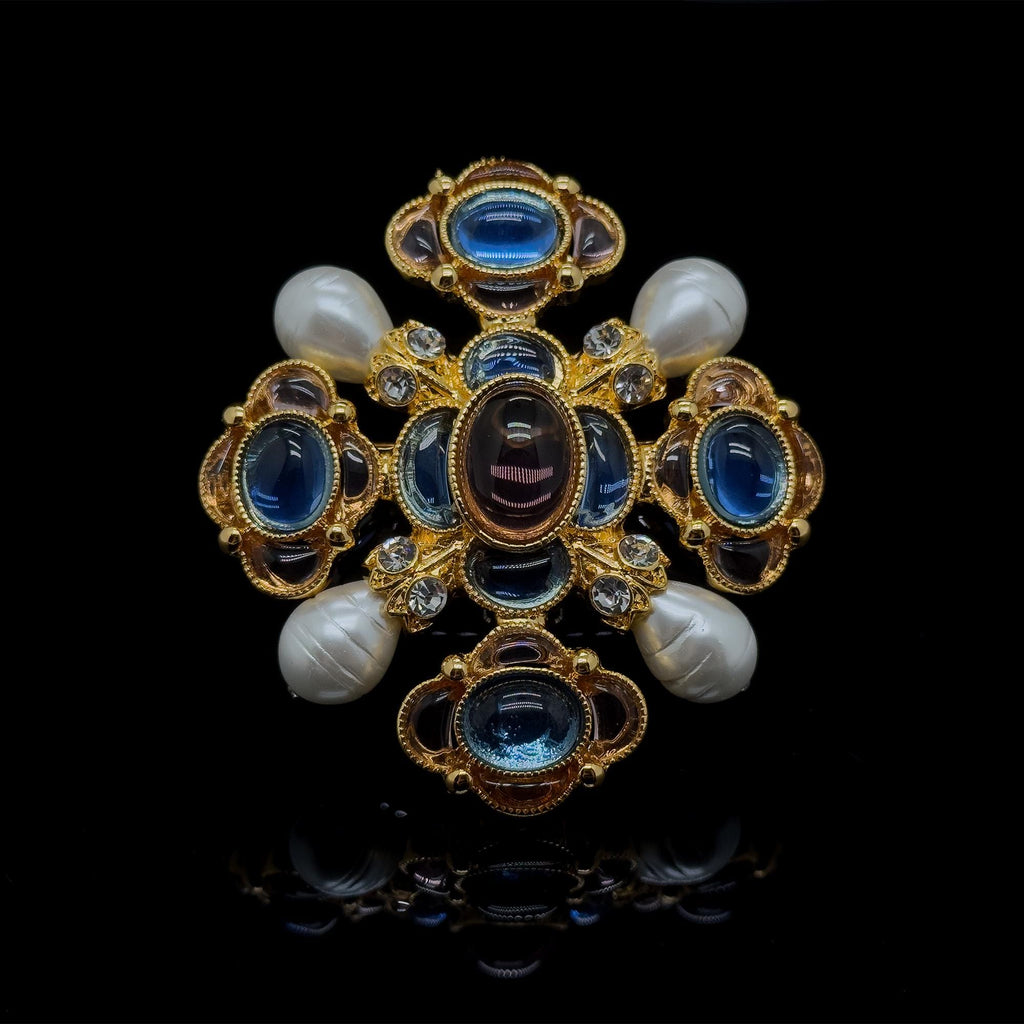 Handcrafted Vintage Art Deco Brooch featuring Lapis Lazuli, Crystal and Pearl