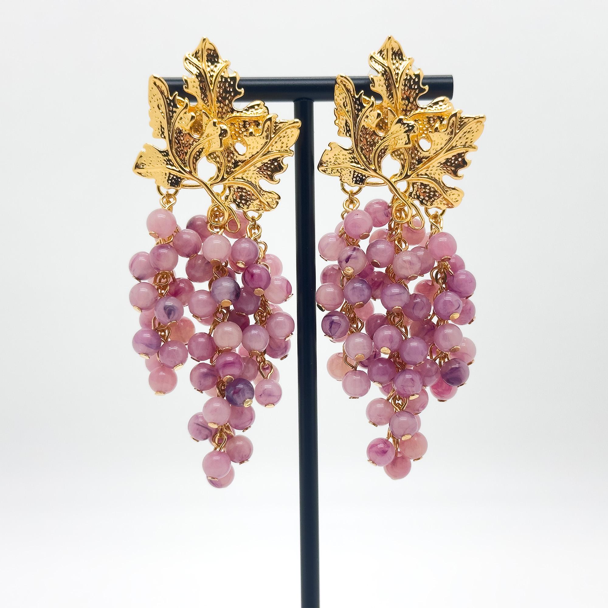 Vintage Art Deco 3D Grape Earrings Purple Beaded Copper Gold-Plated