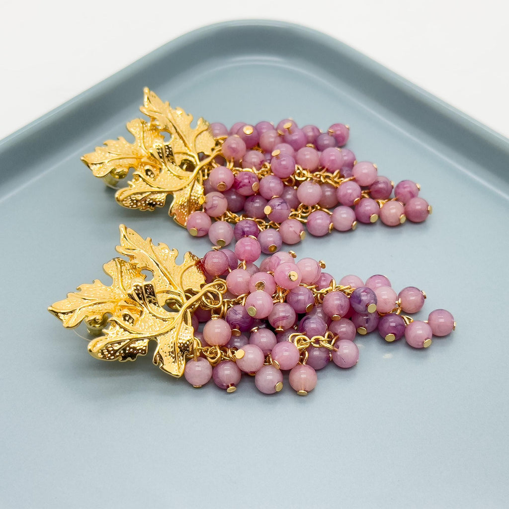 Vintage Art Deco 3D Grape Earrings Purple Beaded Copper Gold-Plated