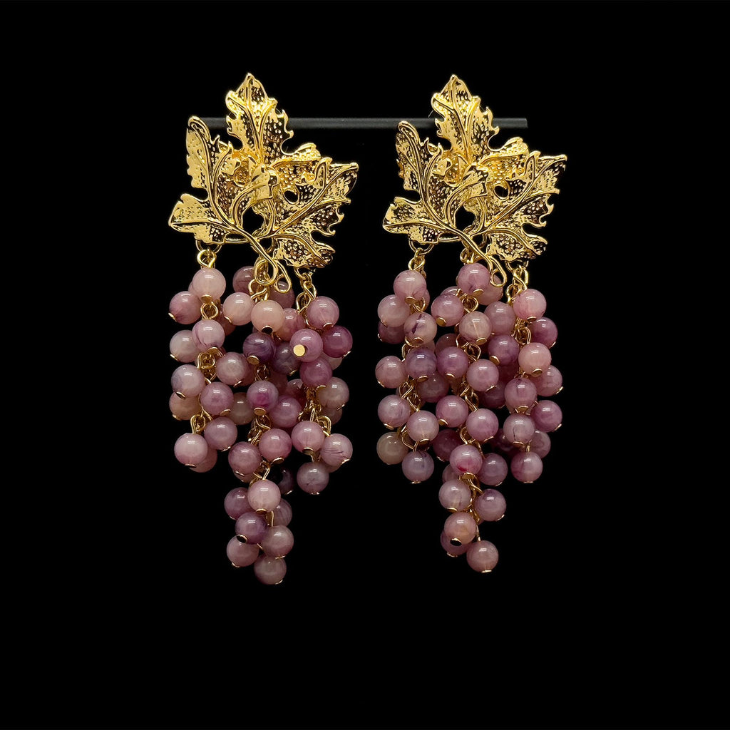 Vintage Art Deco 3D Grape Earrings Purple Beaded Copper Gold-Plated